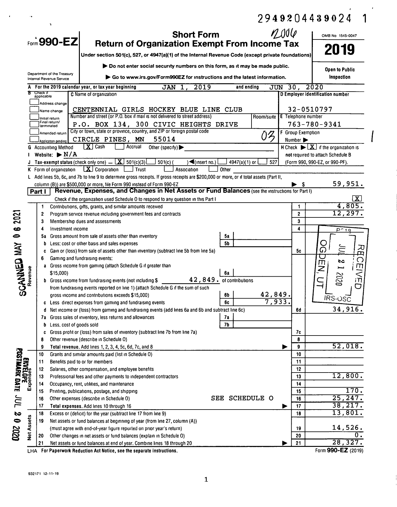 Image of first page of 2019 Form 990EZ for Centennial Girls Hockey Blue Line Club