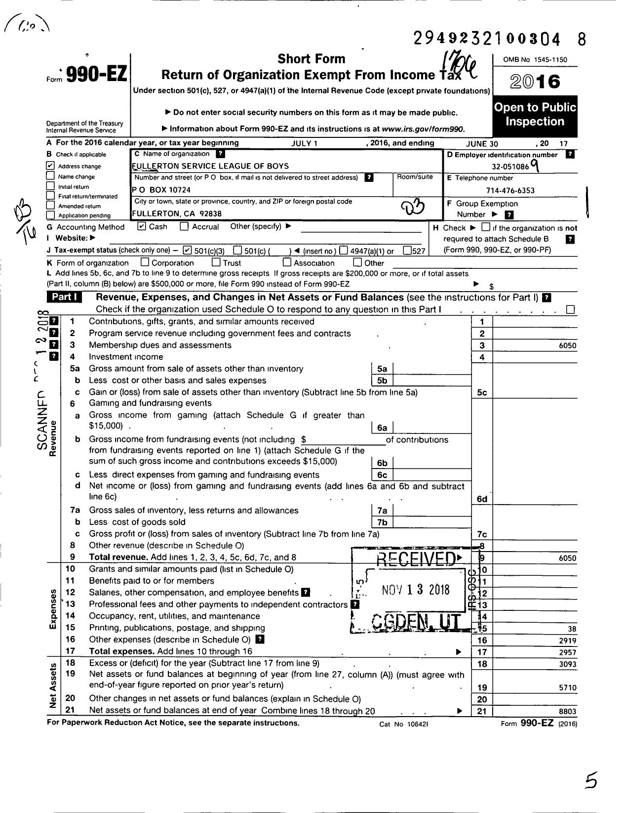 Image of first page of 2016 Form 990EZ for Fullerton Service League of Boys