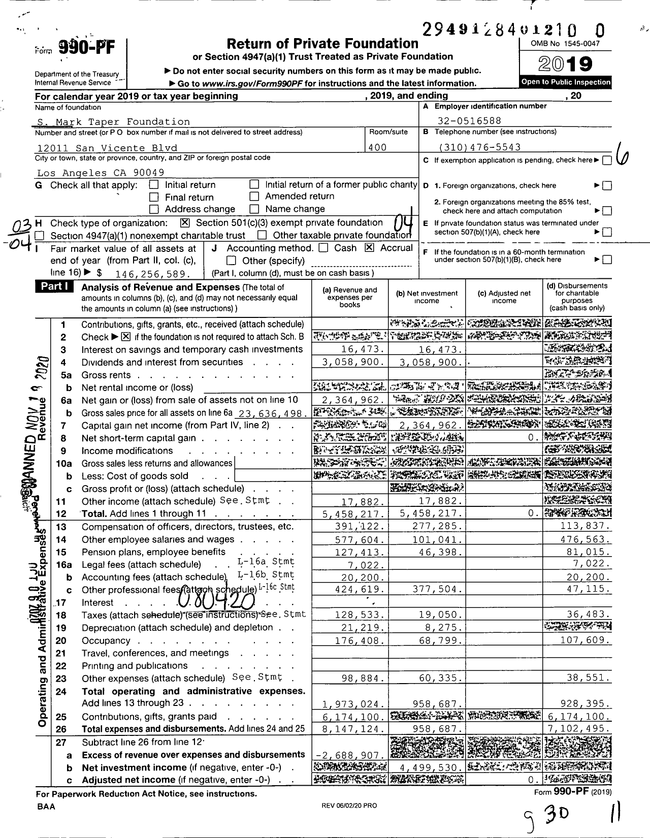 Image of first page of 2019 Form 990PF for S Mark Taper Foundation