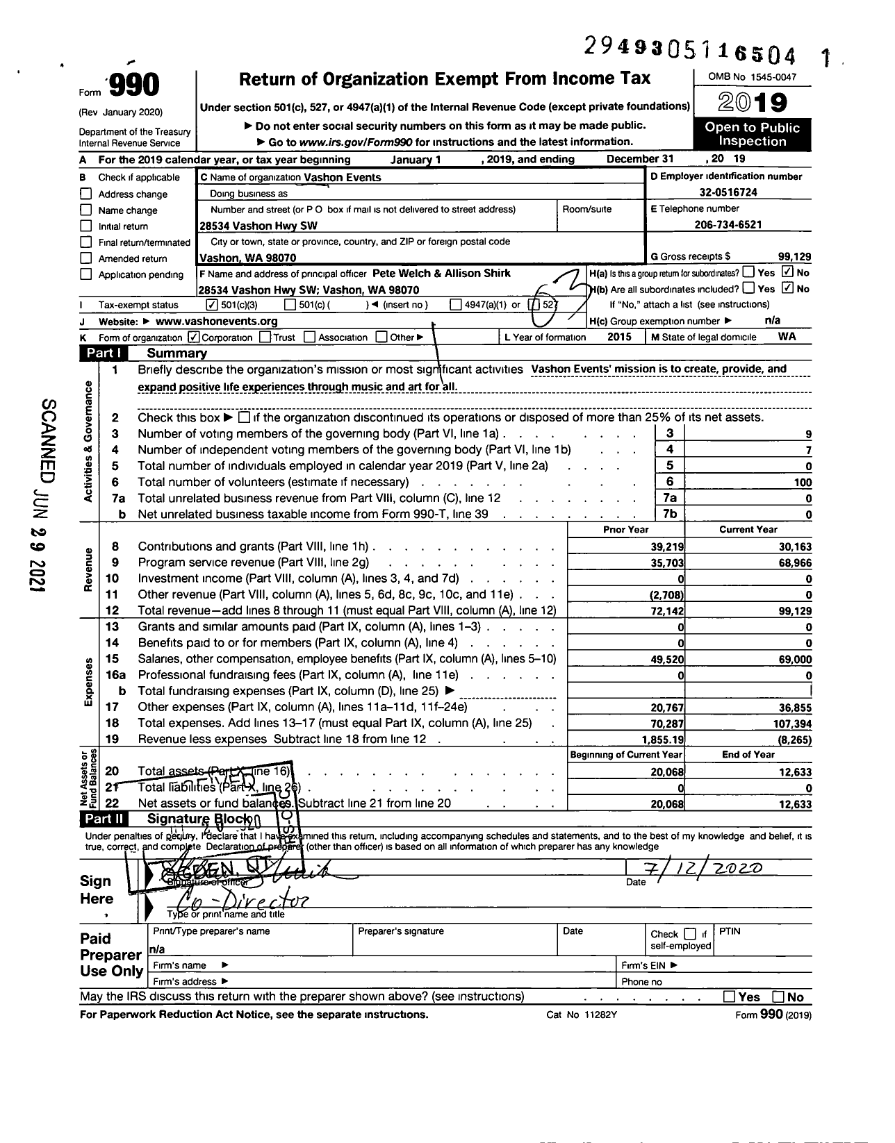 Image of first page of 2019 Form 990 for Vashon Events