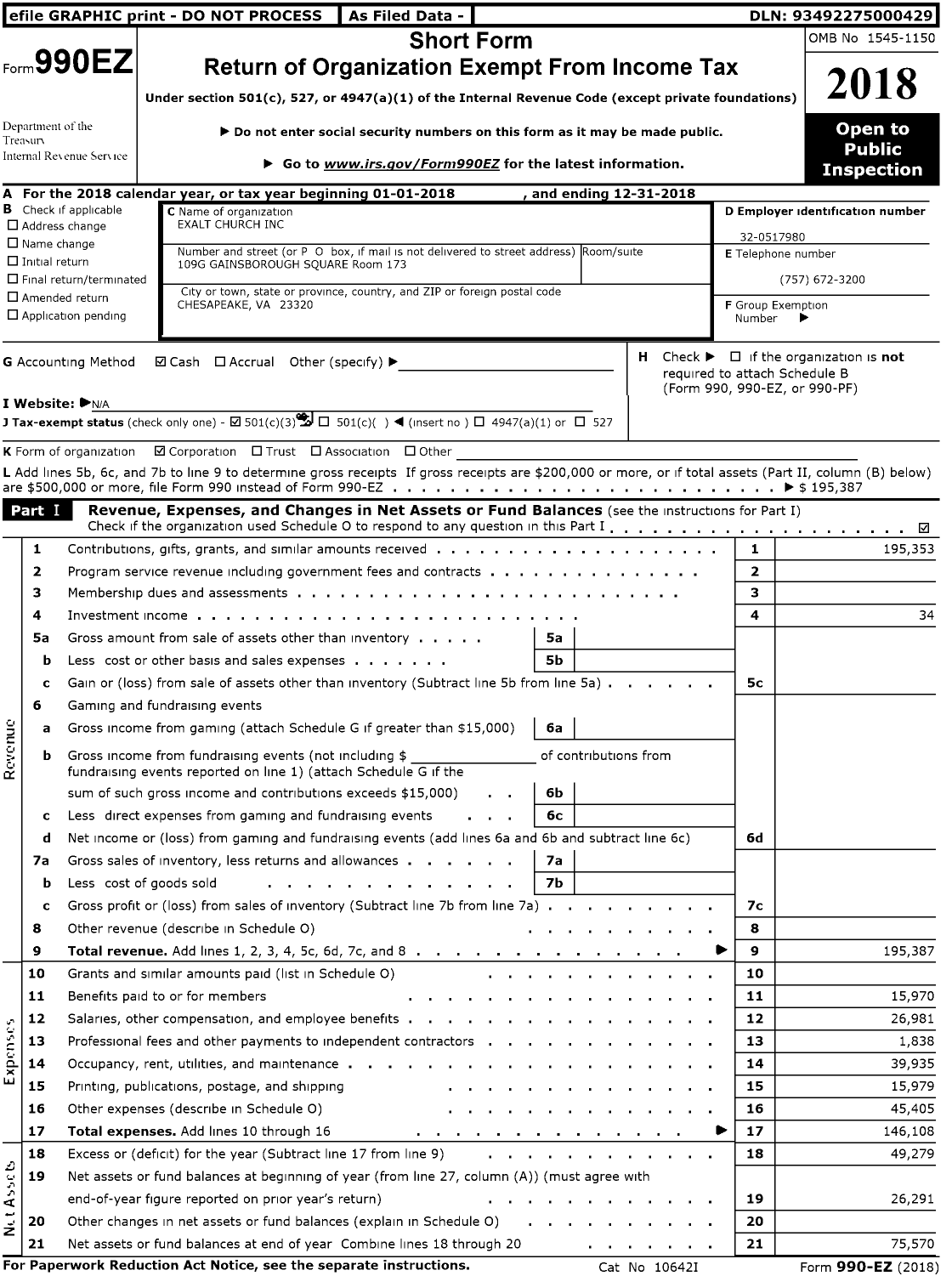 Image of first page of 2018 Form 990EZ for Exalt Church