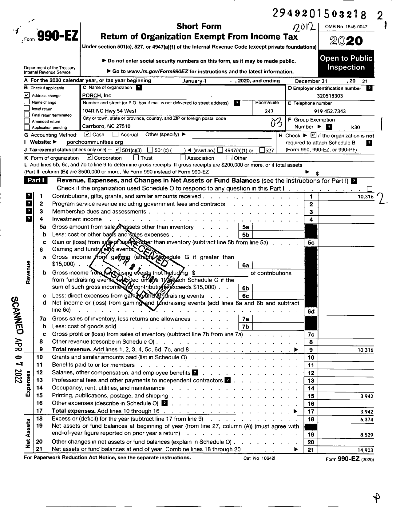 Image of first page of 2020 Form 990EZ for PORCH Communities