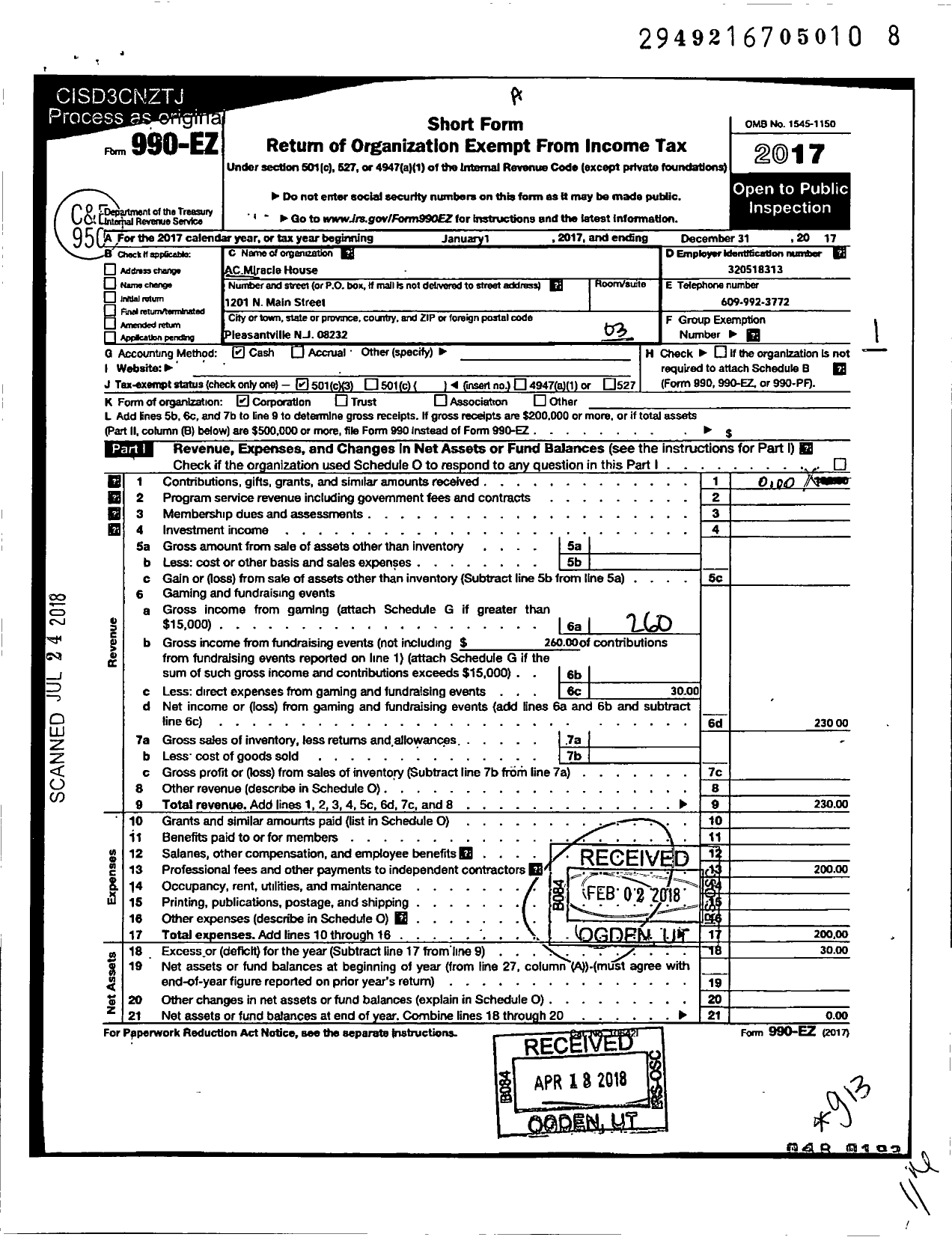 Image of first page of 2017 Form 990EZ for Ac Miricle House