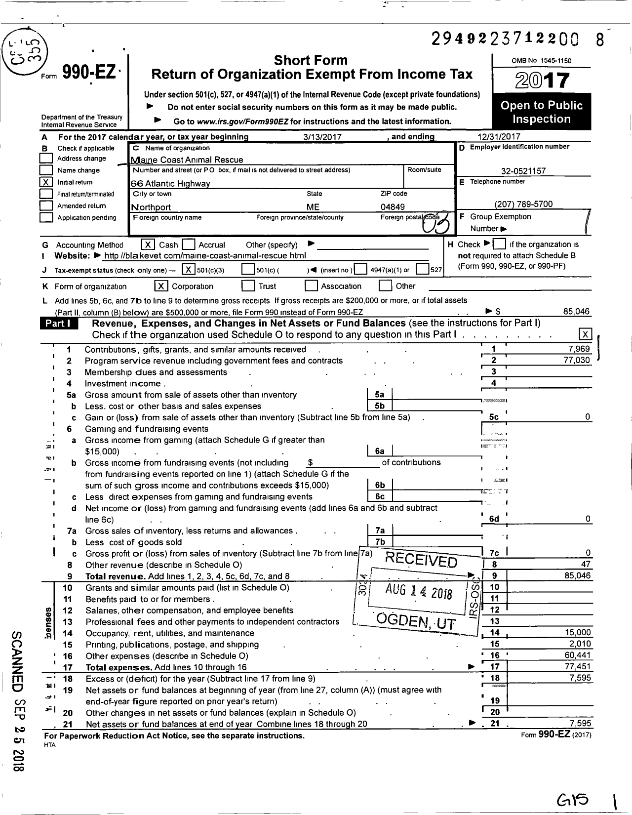 Image of first page of 2017 Form 990EZ for Maine Coast Animal Rescue