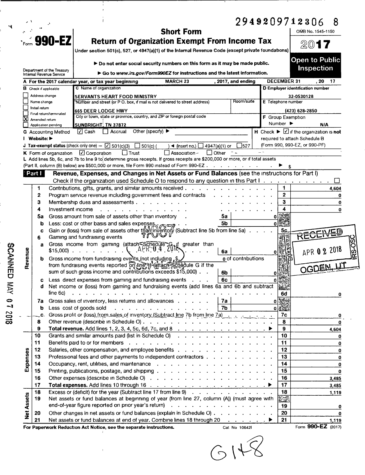 Image of first page of 2017 Form 990EZ for Servants Heart