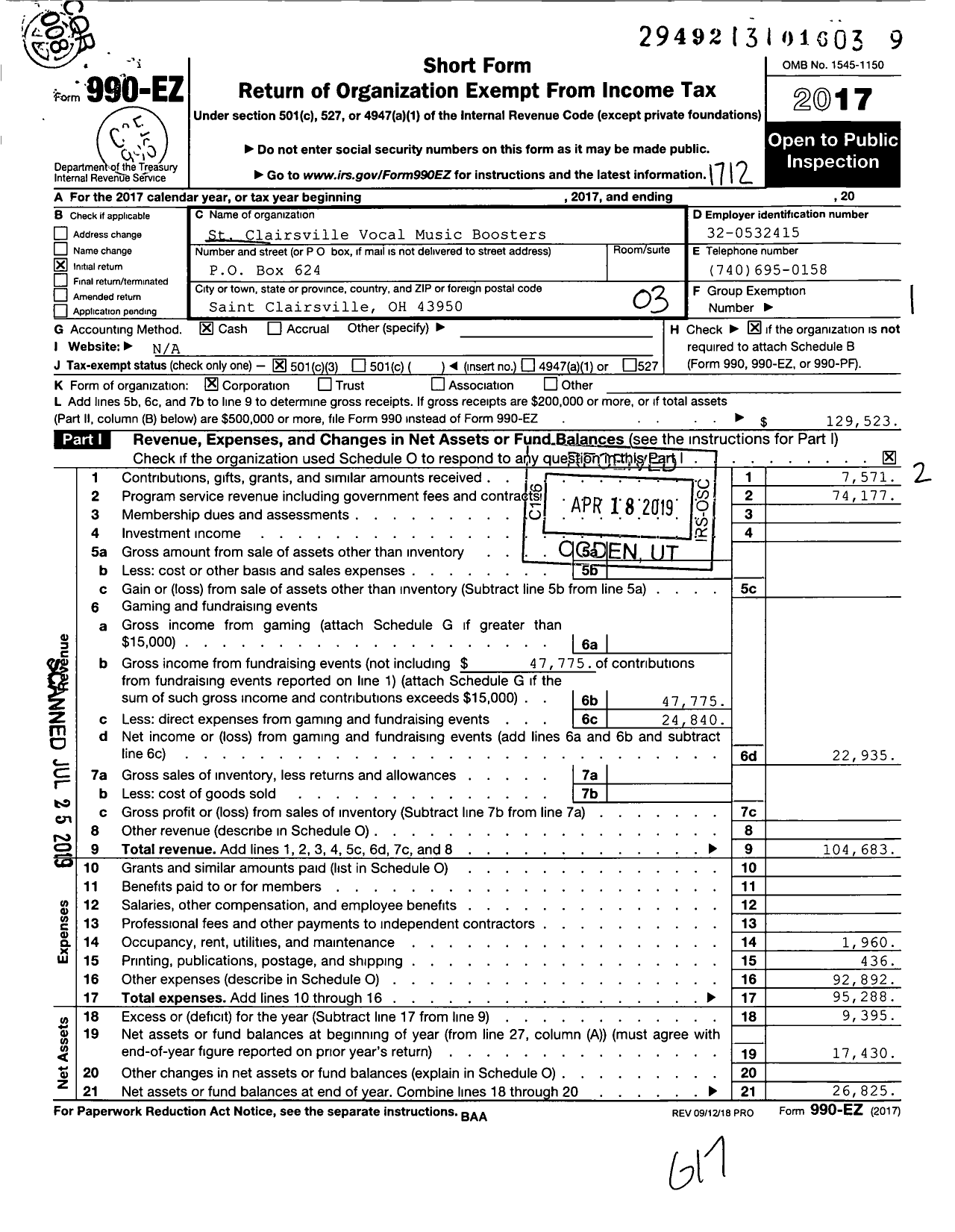 Image of first page of 2017 Form 990EZ for St Clairsville Vocal Music Boosters