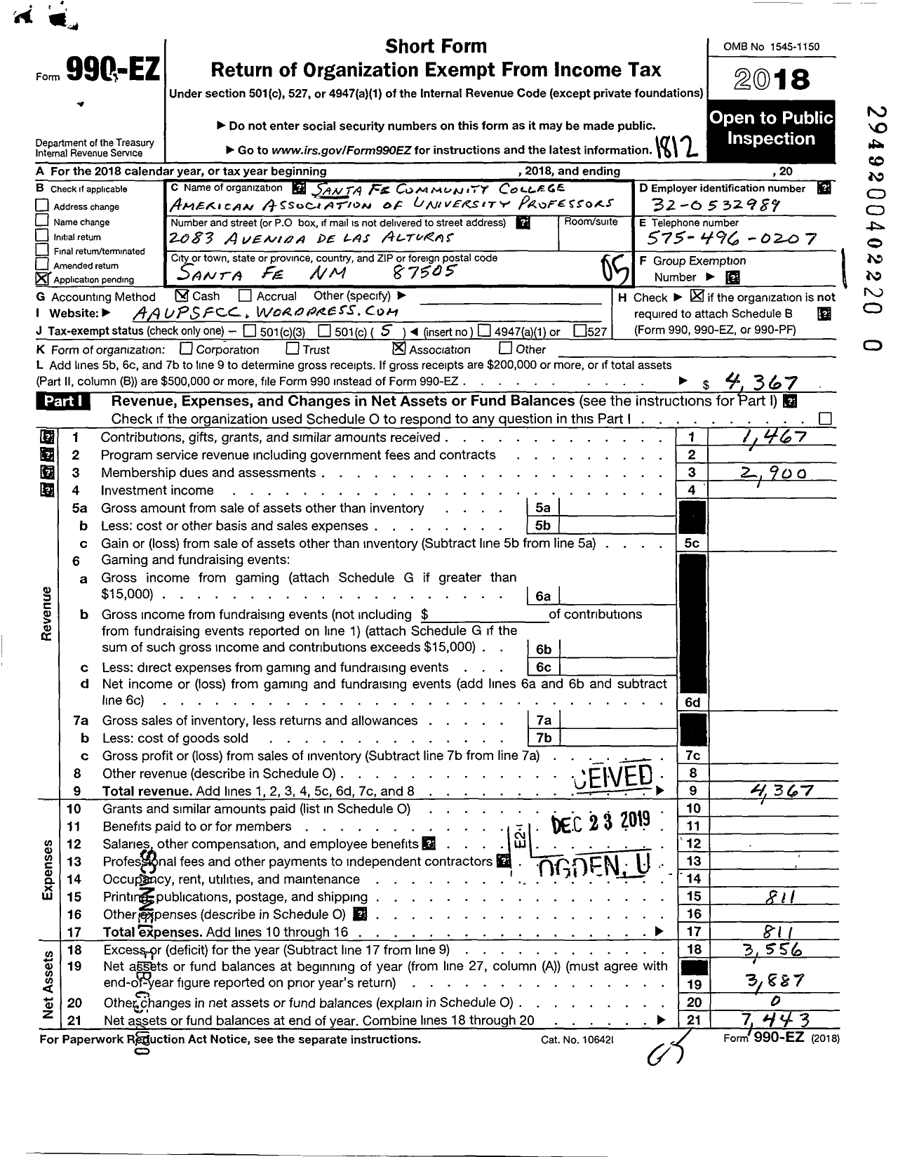 Image of first page of 2018 Form 990EO for Santa Fe Community College-American Association of Univ Professors