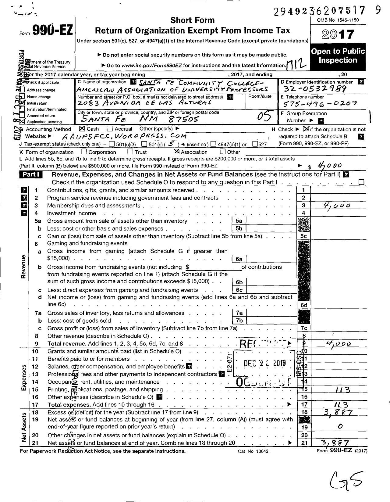 Image of first page of 2017 Form 990EO for Santa Fe Community College-American Association of Univ Professors