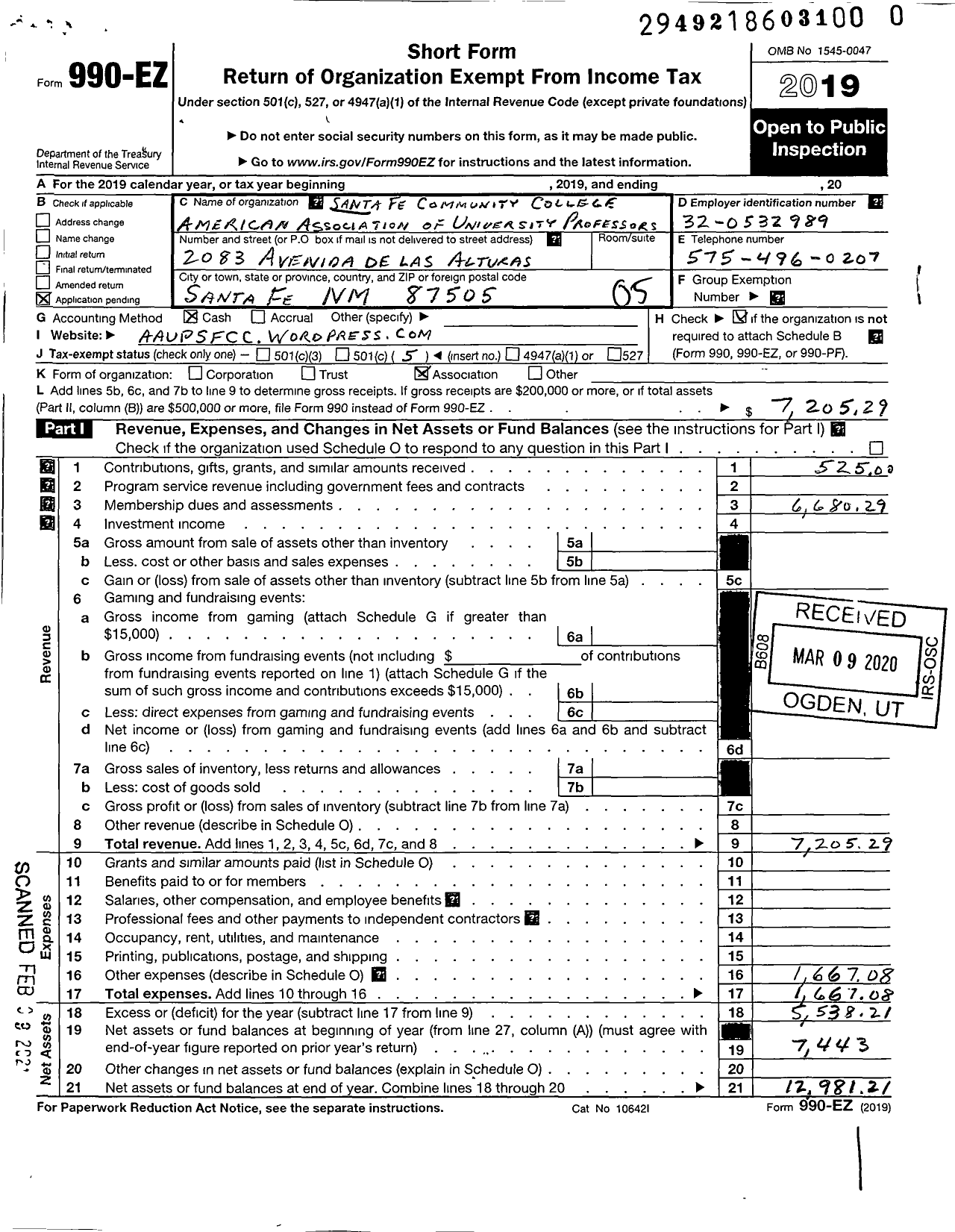 Image of first page of 2019 Form 990EO for Santa Fe Community College-American Association of Univ Professors