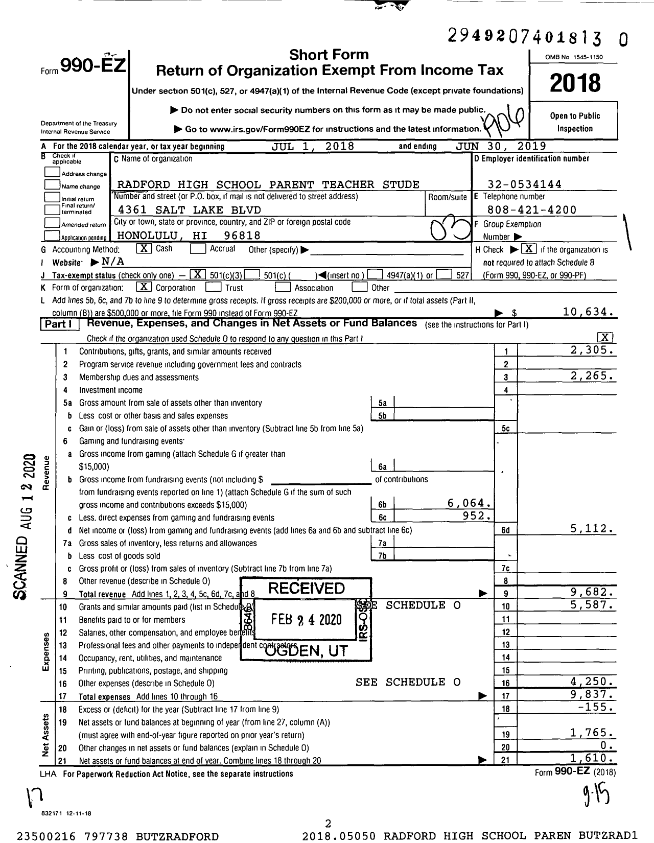 Image of first page of 2018 Form 990EZ for PTA Hawaii Congress / Radford High School Parent Teacher