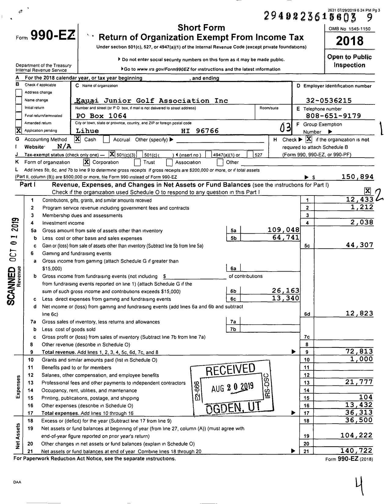 Image of first page of 2018 Form 990EZ for Kauai Junior Golf Association