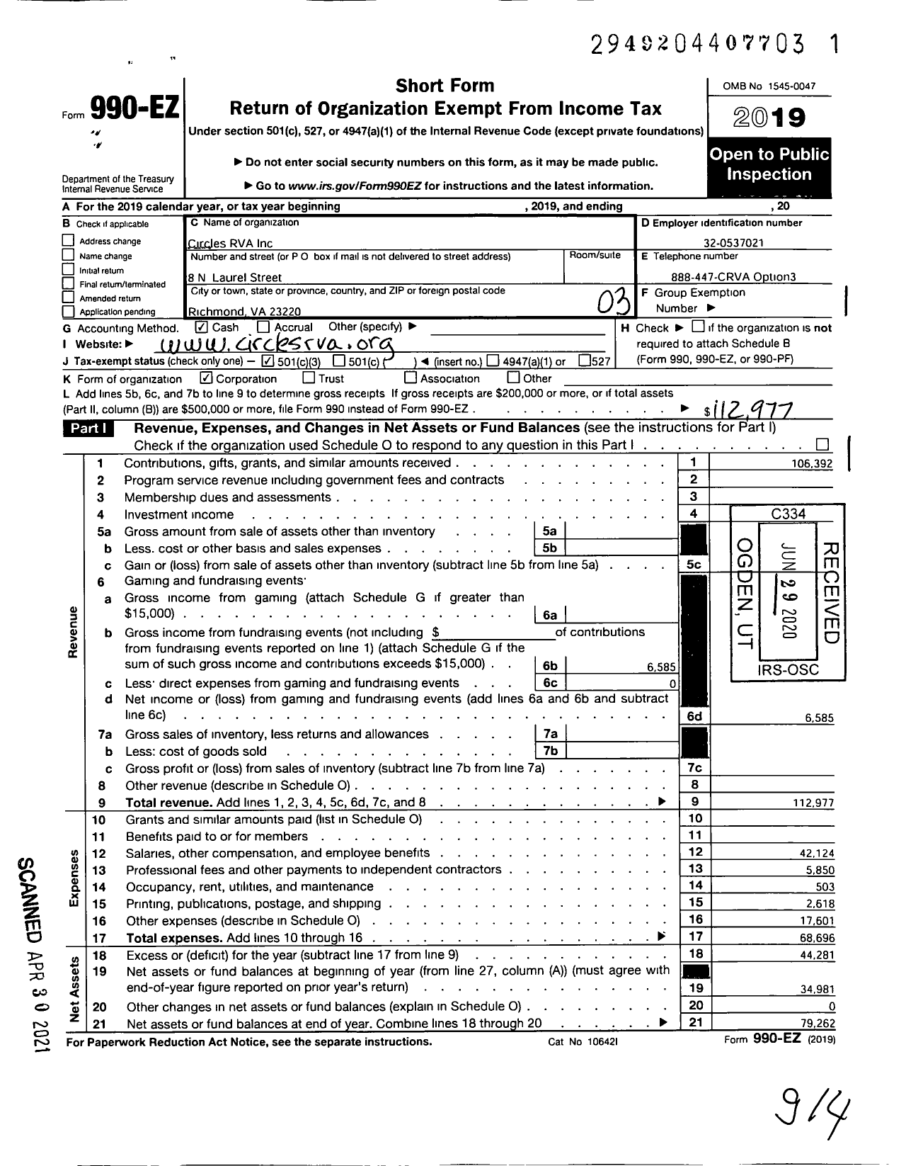 Image of first page of 2019 Form 990EZ for Circles Rva