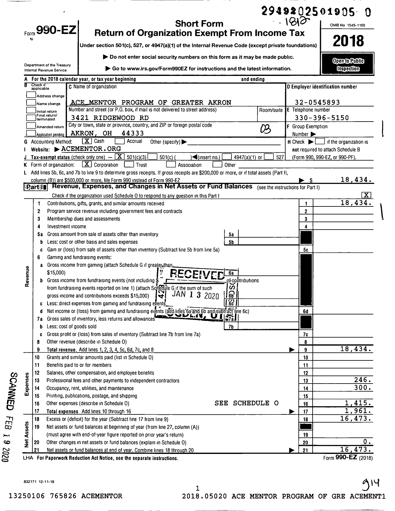 Image of first page of 2018 Form 990EZ for ACE Mentor PROGRAM OF AMERICA