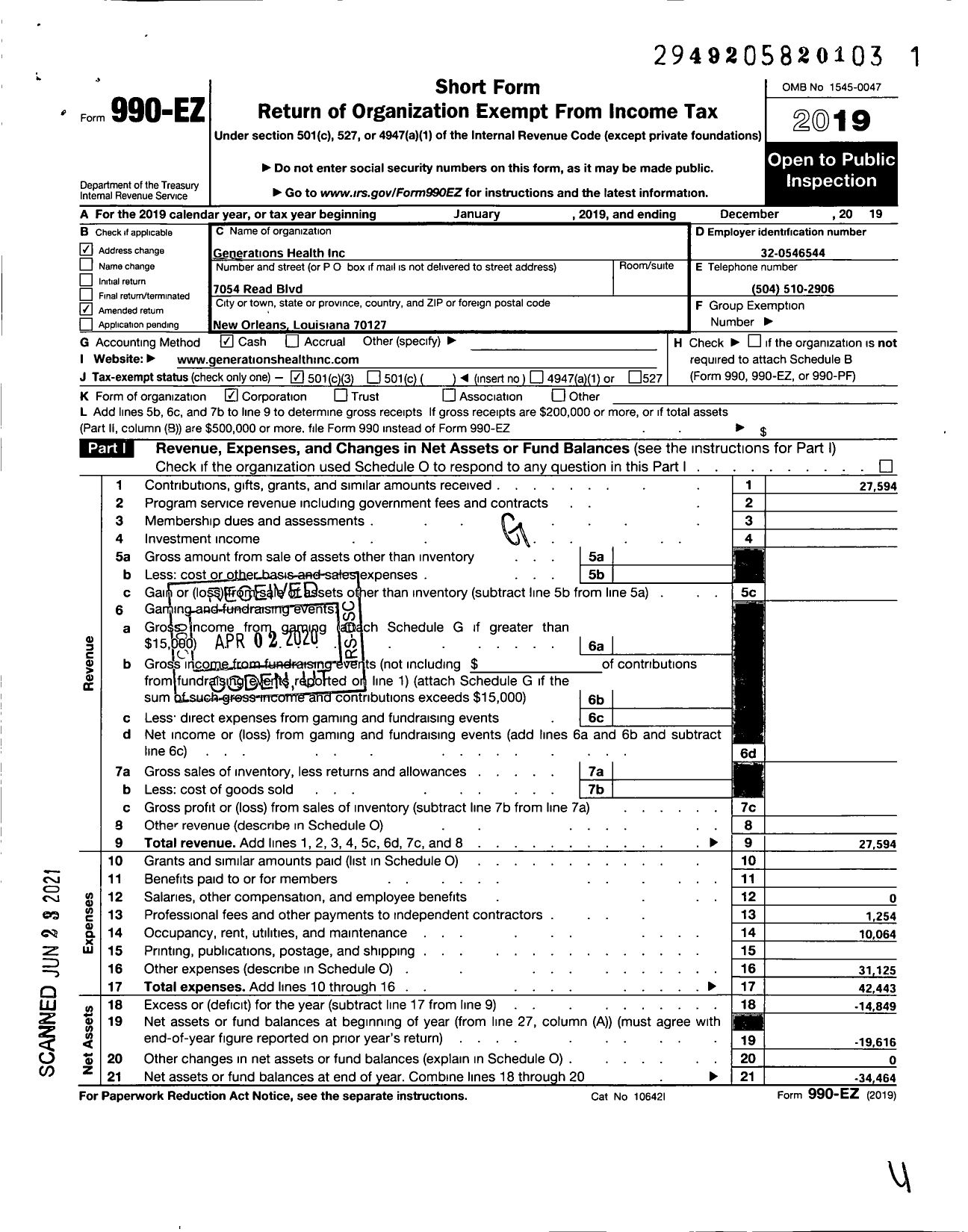 Image of first page of 2019 Form 990EZ for Generations Health