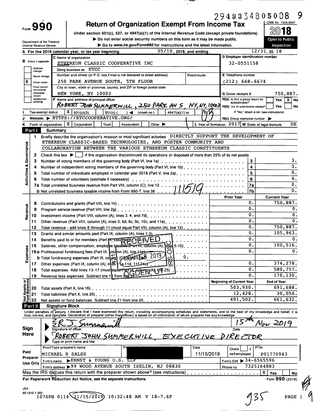 Image of first page of 2018 Form 990 for Ethereum Classic Cooperative