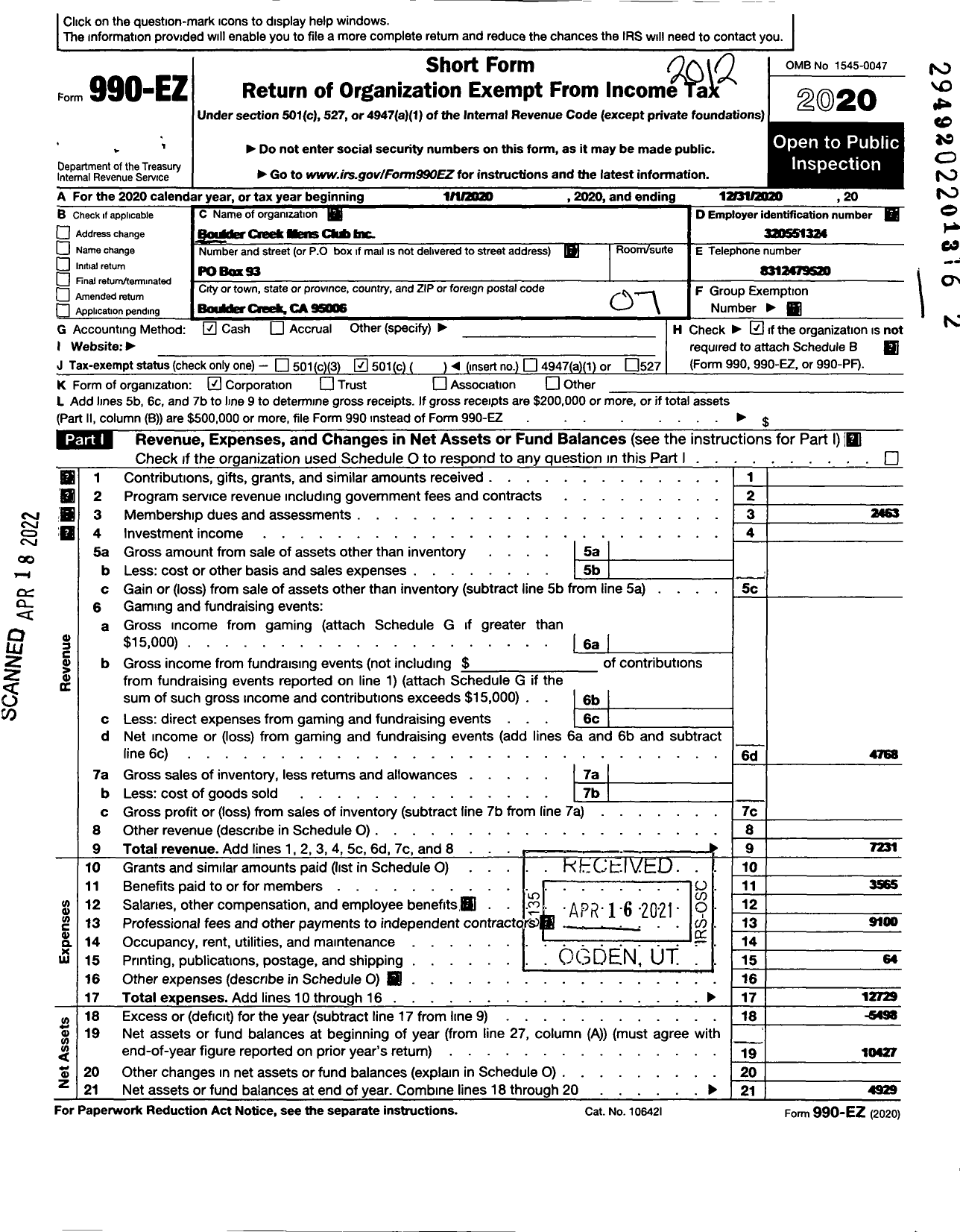 Image of first page of 2020 Form 990EO for Boulder Creek Mens Club