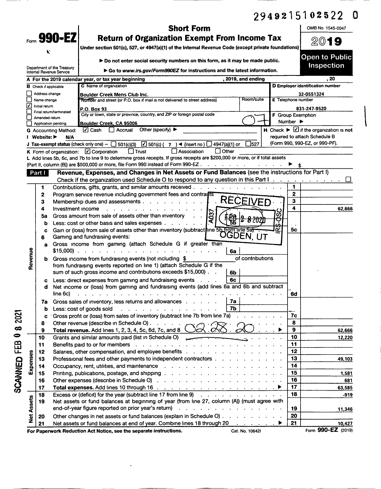 Image of first page of 2019 Form 990EO for Boulder Creek Mens Club