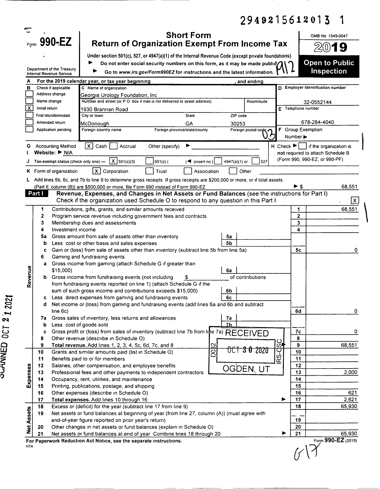 Image of first page of 2019 Form 990EZ for Georgia Urology Foundation