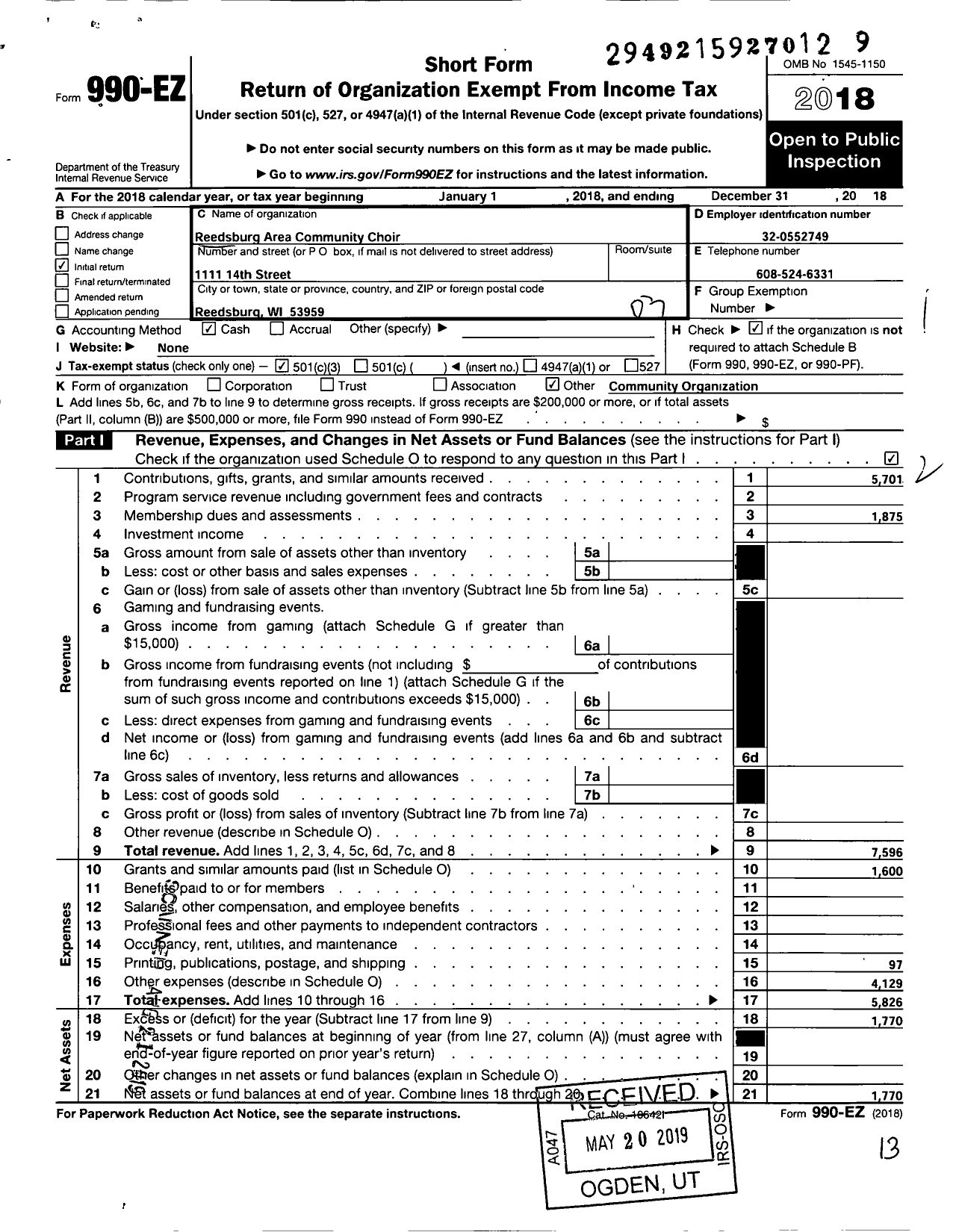 Image of first page of 2018 Form 990EZ for Reedsburg Area Community Choir