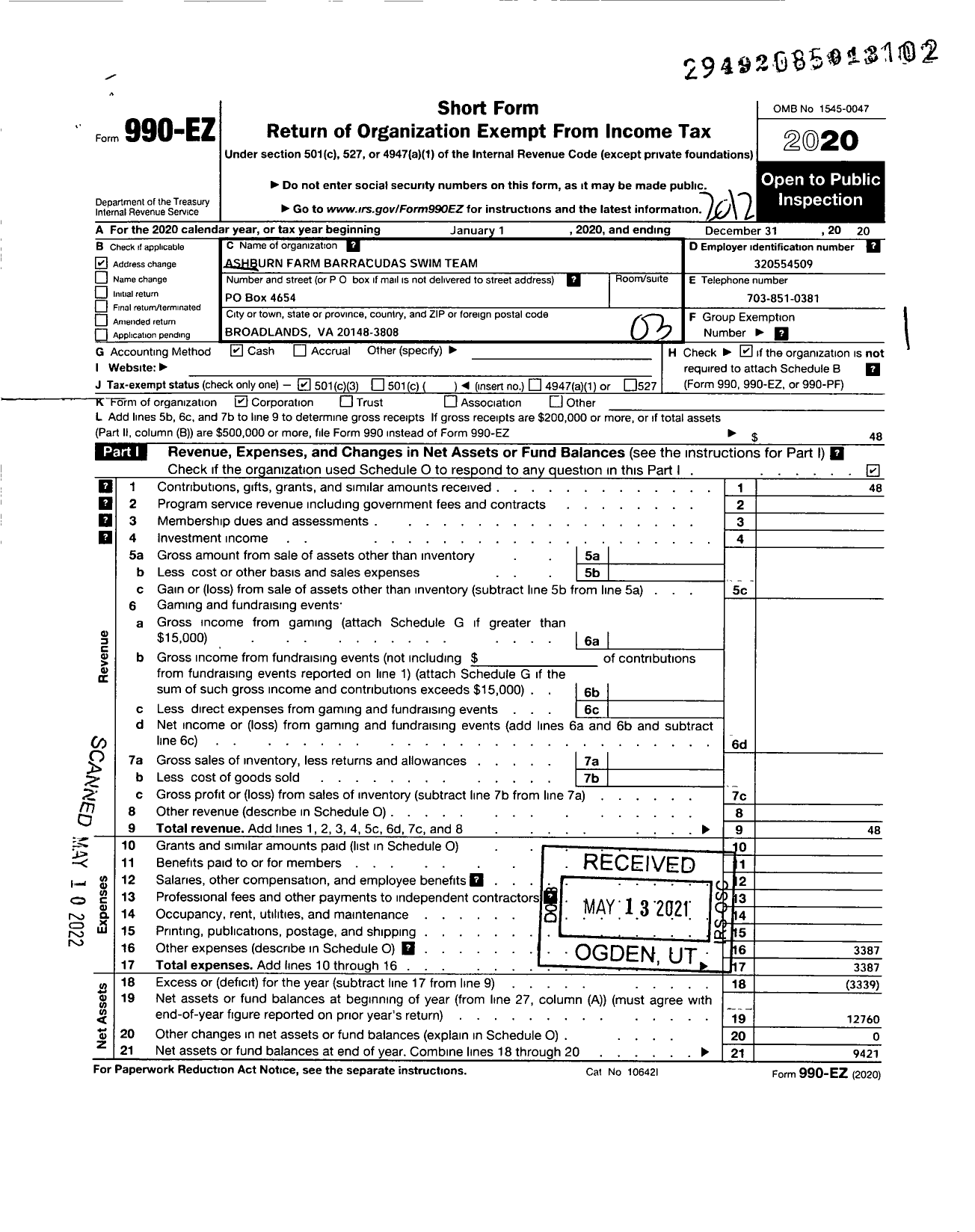 Image of first page of 2020 Form 990EZ for Ashburn Farm Barracudas Swim Team