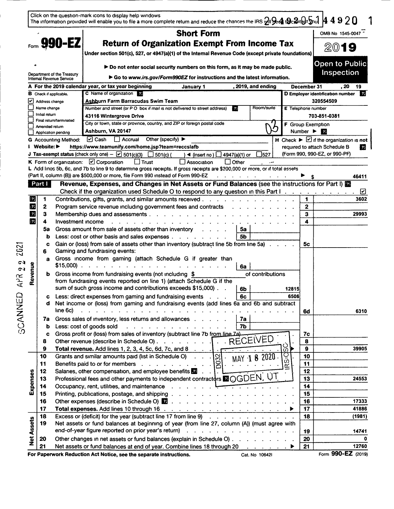 Image of first page of 2019 Form 990EZ for Ashburn Farm Barracudas Swim Team
