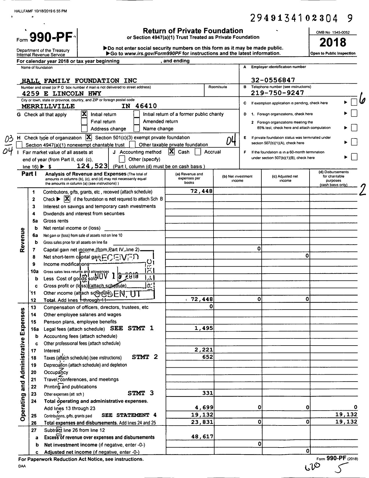 Image of first page of 2018 Form 990PF for Hall Family Foundation