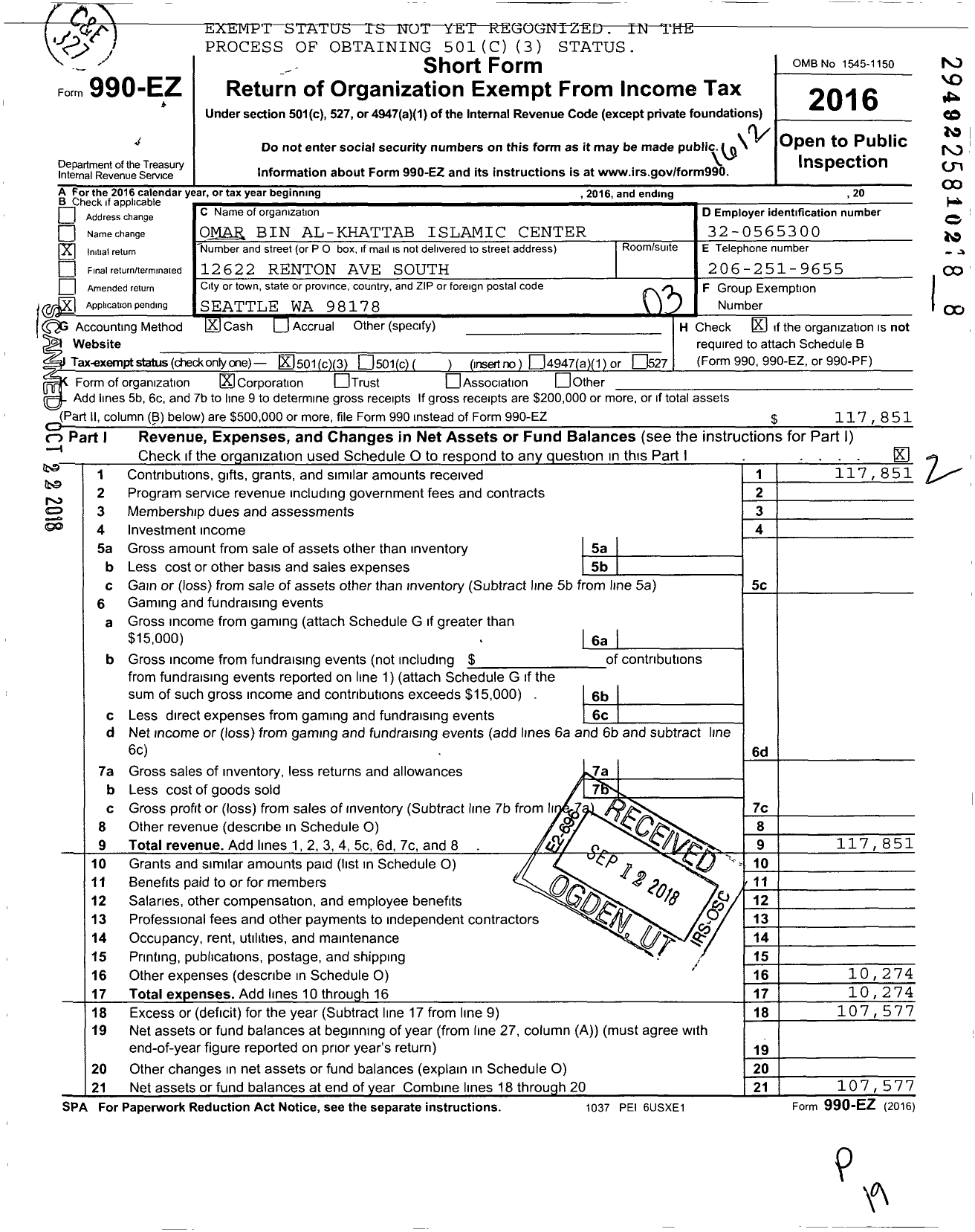 Image of first page of 2016 Form 990EZ for Omar Bin Al-Khattab Islamic Center