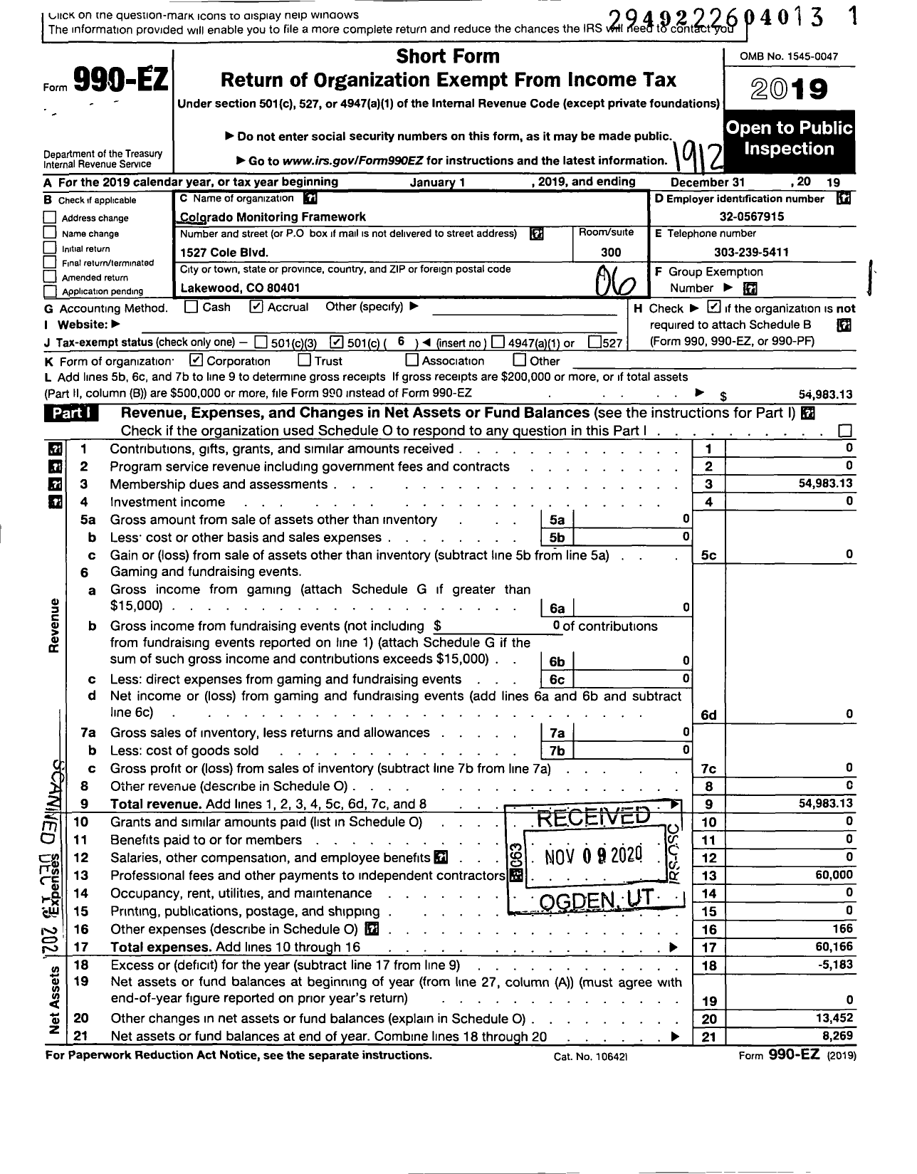 Image of first page of 2019 Form 990EO for Colorado Monitoring Framework (CMF)