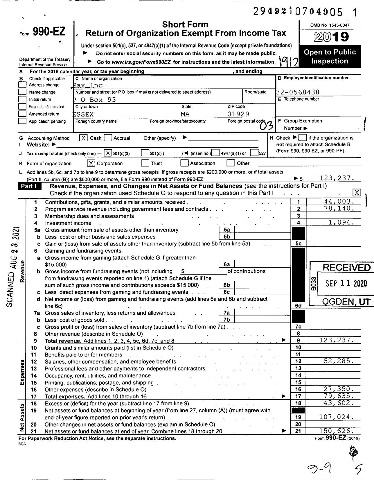 Image of first page of 2019 Form 990EZ for Pax