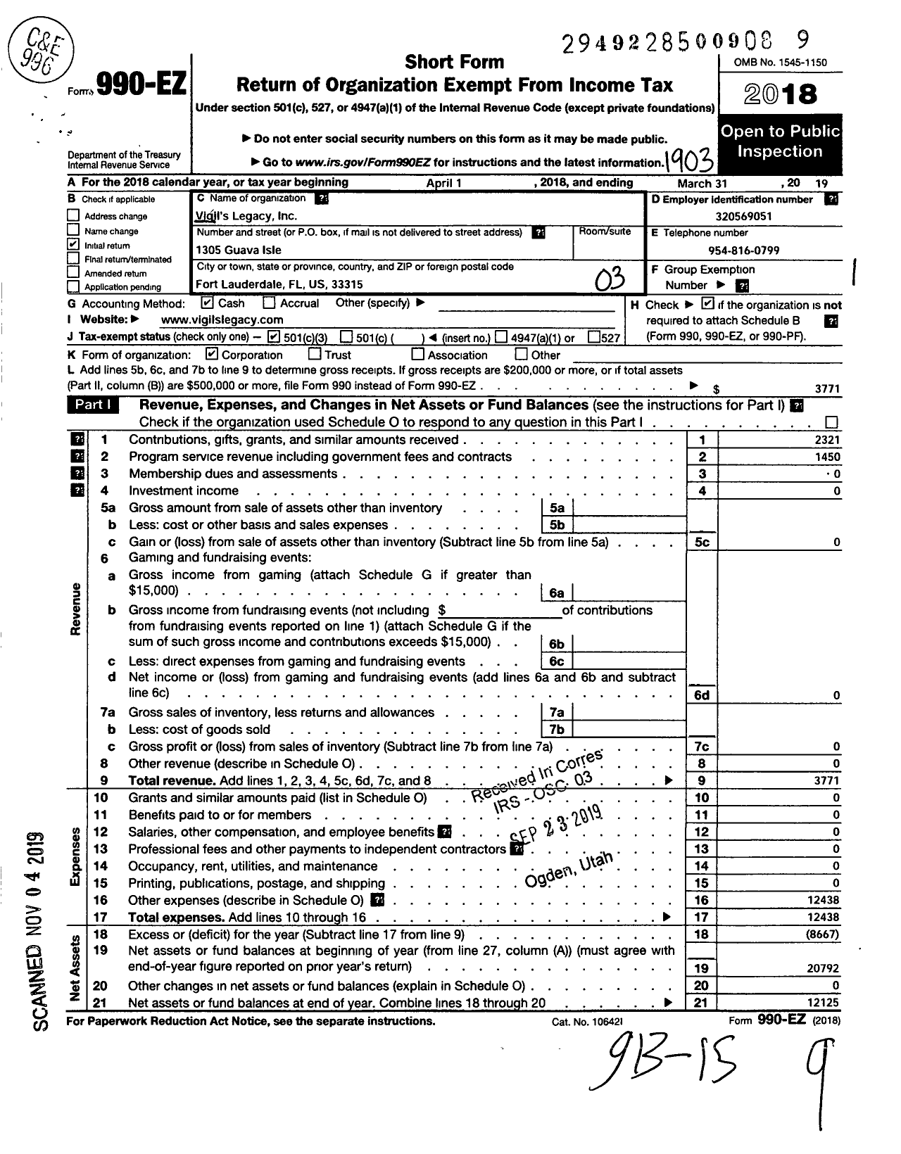 Image of first page of 2018 Form 990EZ for Vigils Legacy