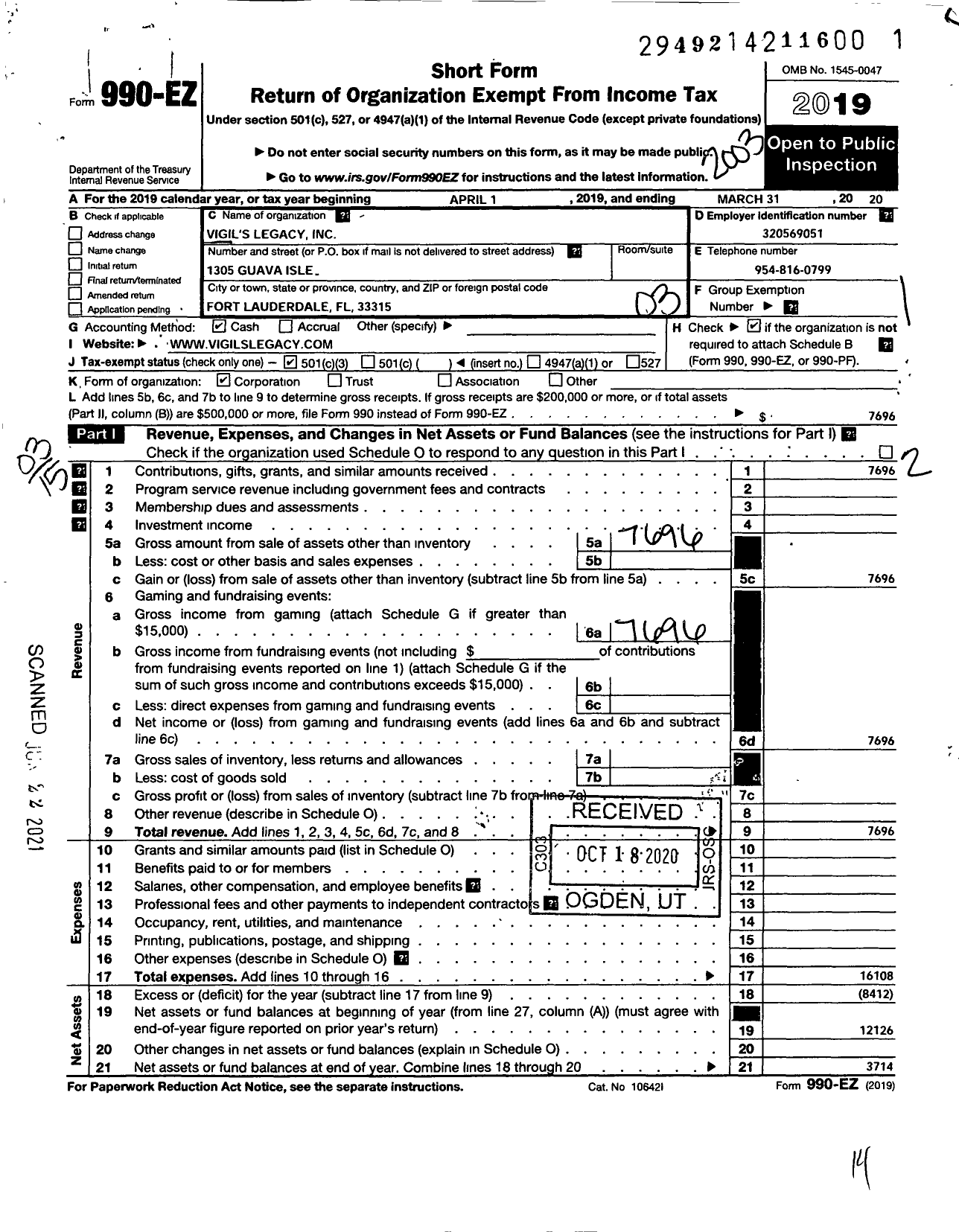 Image of first page of 2019 Form 990EZ for Vigils Legacy