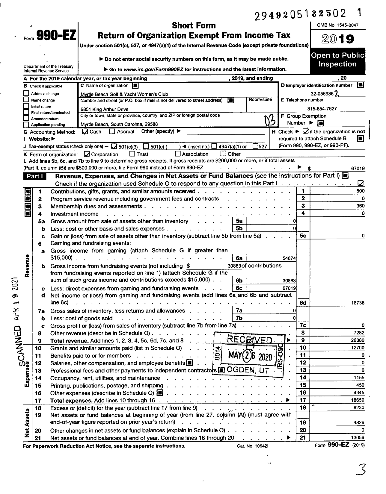 Image of first page of 2019 Form 990EZ for Myrtle Beach Golf and Yacht Womens Club