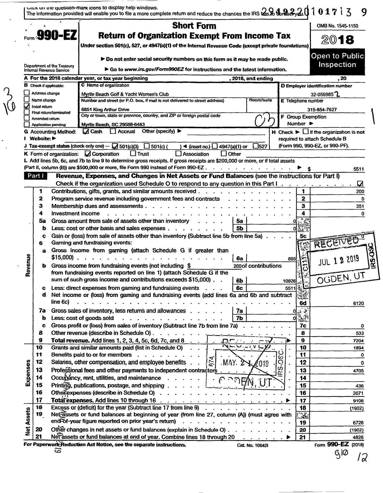 Image of first page of 2018 Form 990EZ for Myrtle Beach Golf and Yacht Womens Club