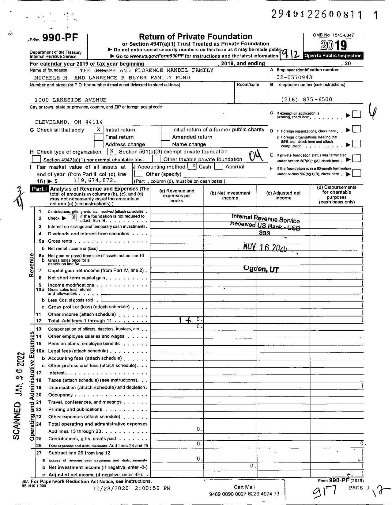 Image of first page of 2019 Form 990PF for The Joseph and Florence Mandel Family- Michele M and Lawrence R Beyer Family Fund