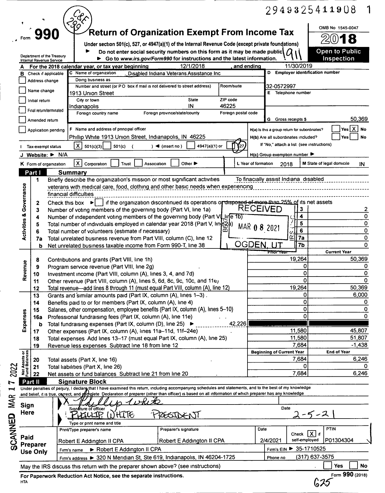 Image of first page of 2018 Form 990 for Disabled Indiana Veterans Assistance