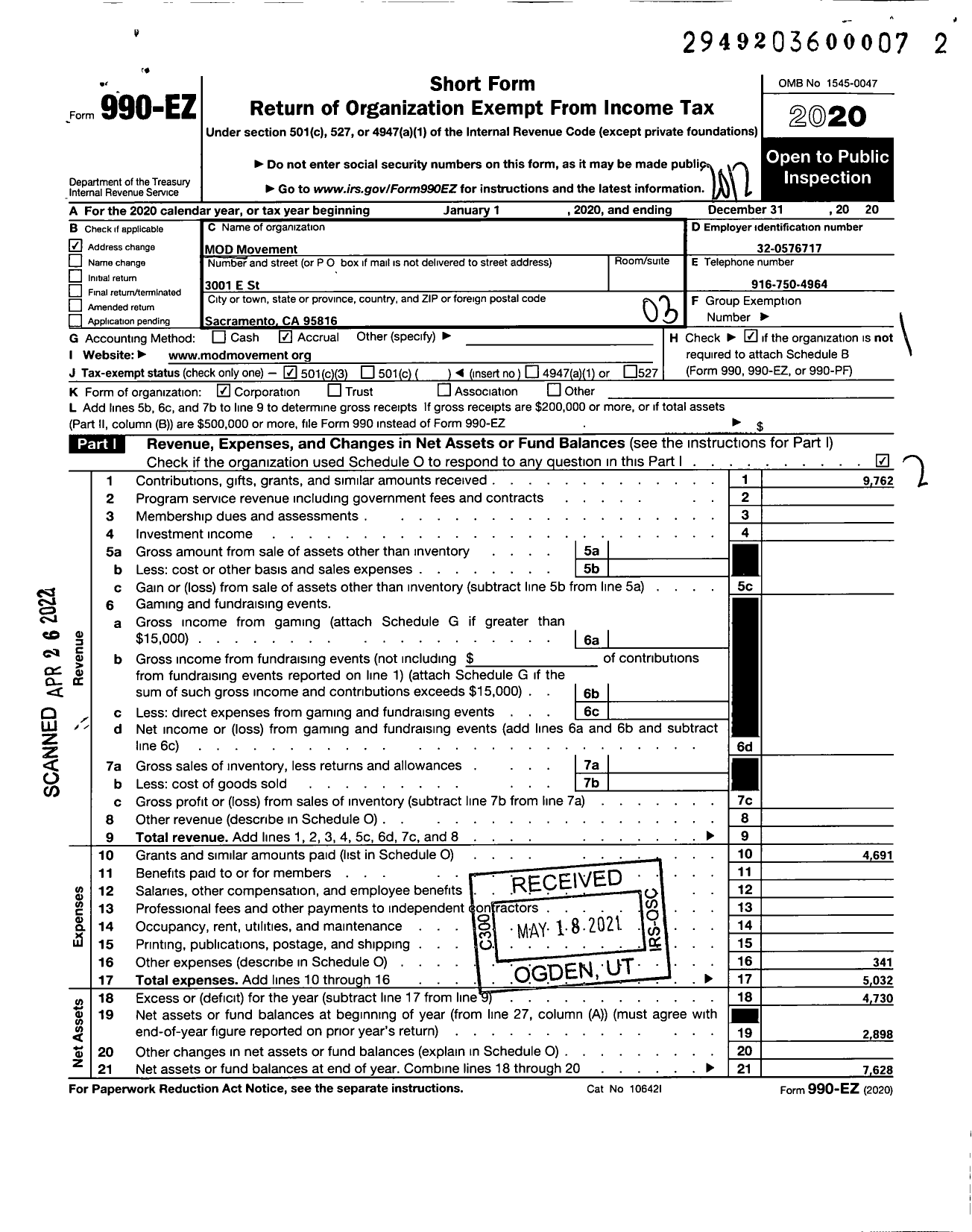 Image of first page of 2020 Form 990EZ for Mod Movement