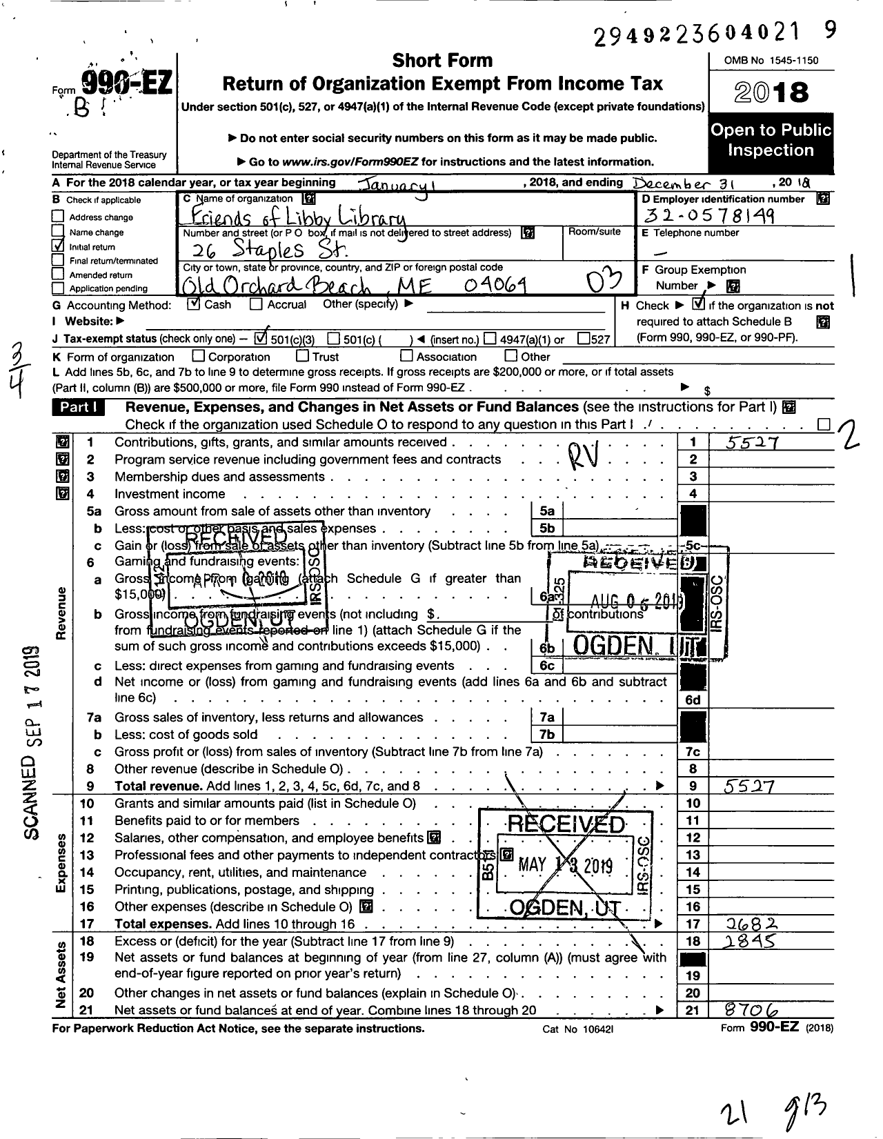 Image of first page of 2018 Form 990EZ for Friends of Libby Library