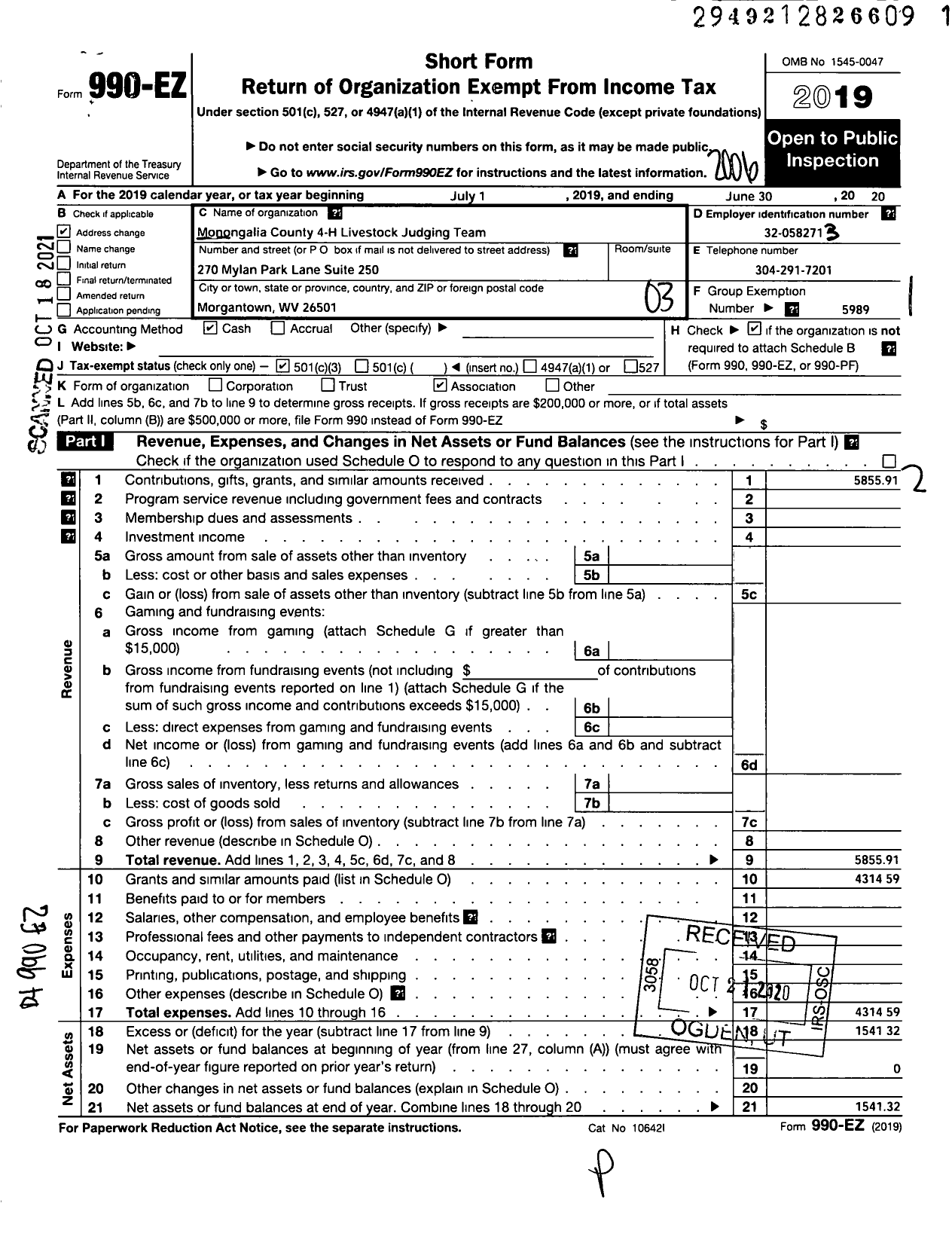 Image of first page of 2019 Form 990EZ for State of WV West Virginia University - Monongalia Cty 4 H Livestock Judgin