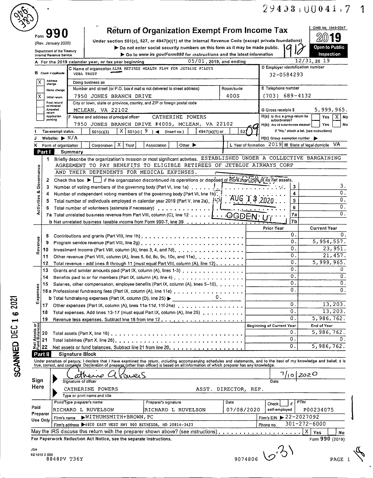 Image of first page of 2019 Form 990O for Alpa Retiree Health Plan for Jetblue Pilots Veba Trust