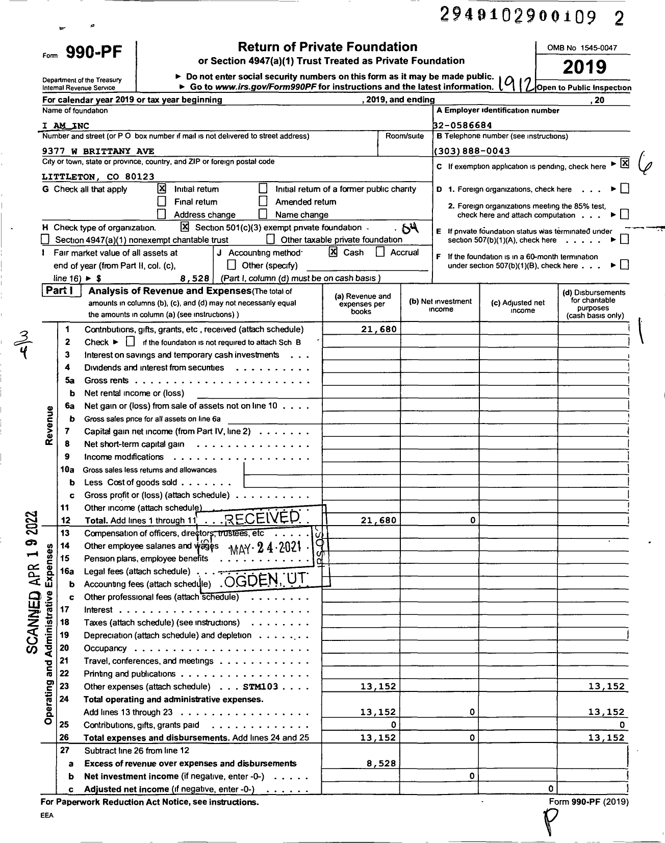 Image of first page of 2019 Form 990PF for I Am
