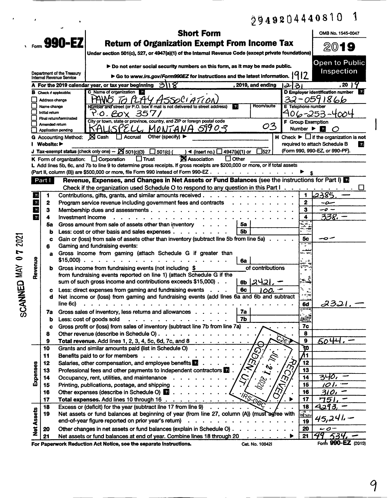 Image of first page of 2019 Form 990EZ for Paws To Play