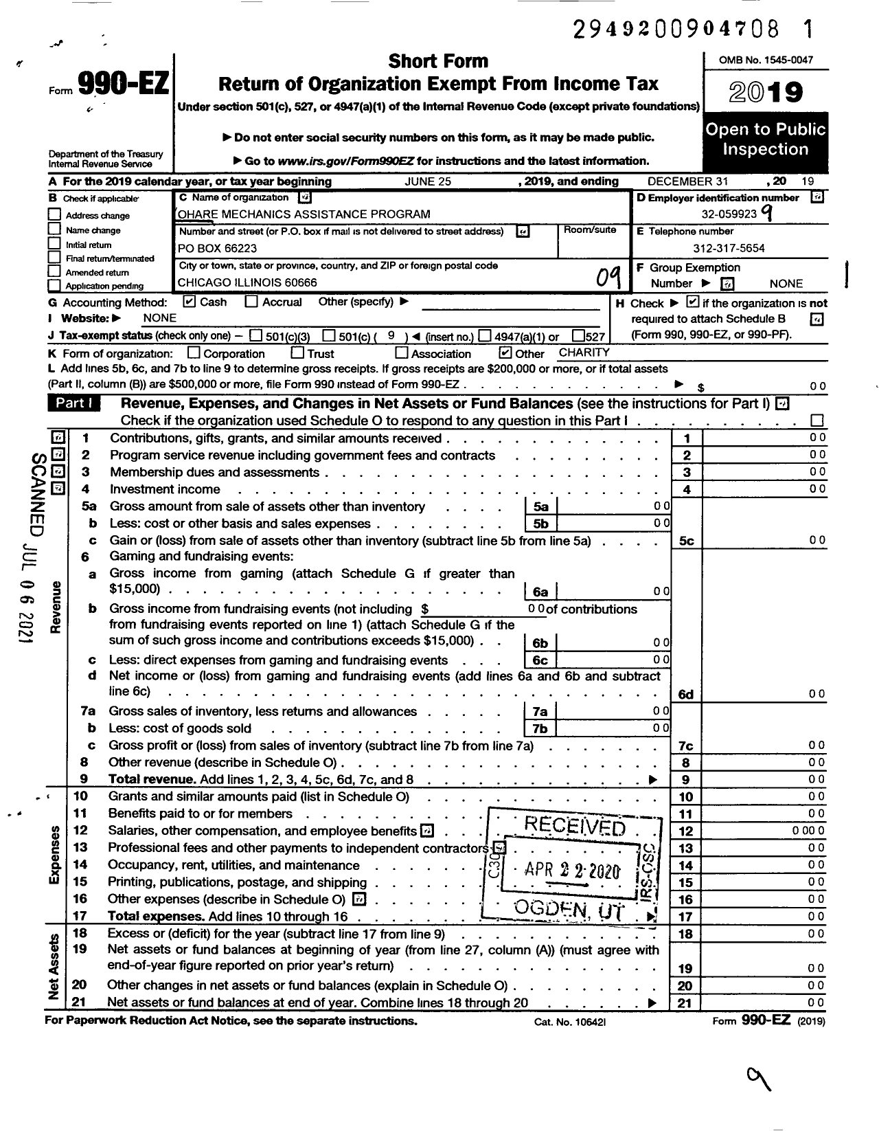 Image of first page of 2019 Form 990EO for The O'Hare Mechanics Assistance Program