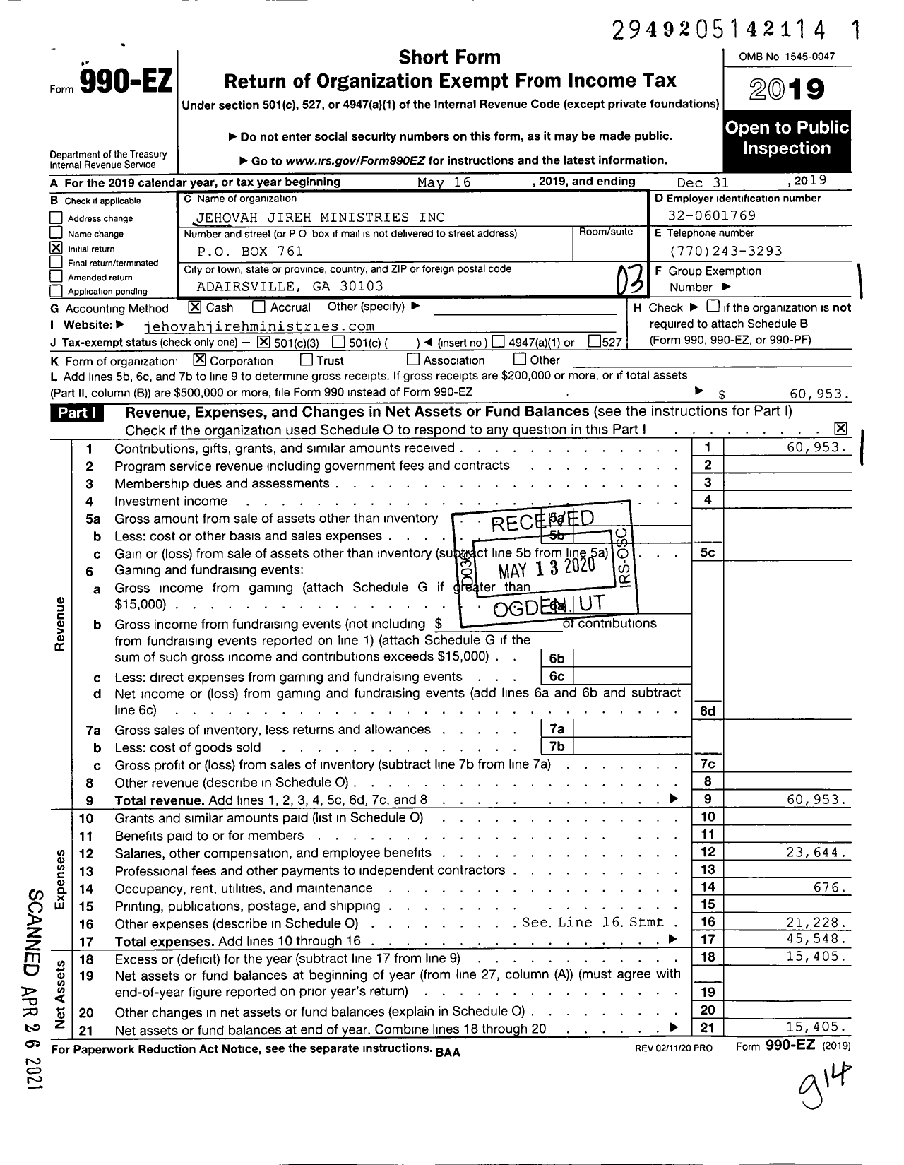 Image of first page of 2019 Form 990EZ for Jehovah Jireh Ministries