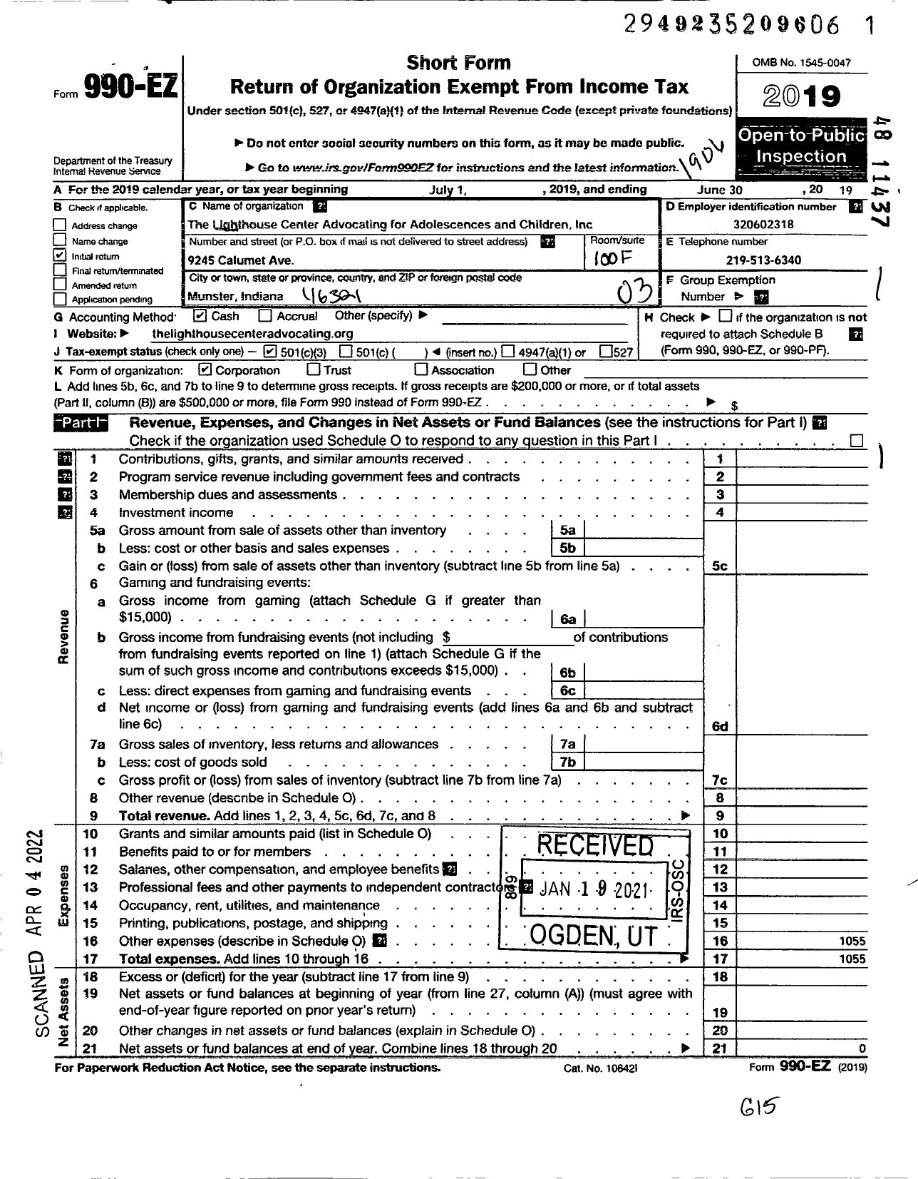 Image of first page of 2018 Form 990EZ for Lighthouse Center Advocating for Adolescence and Children