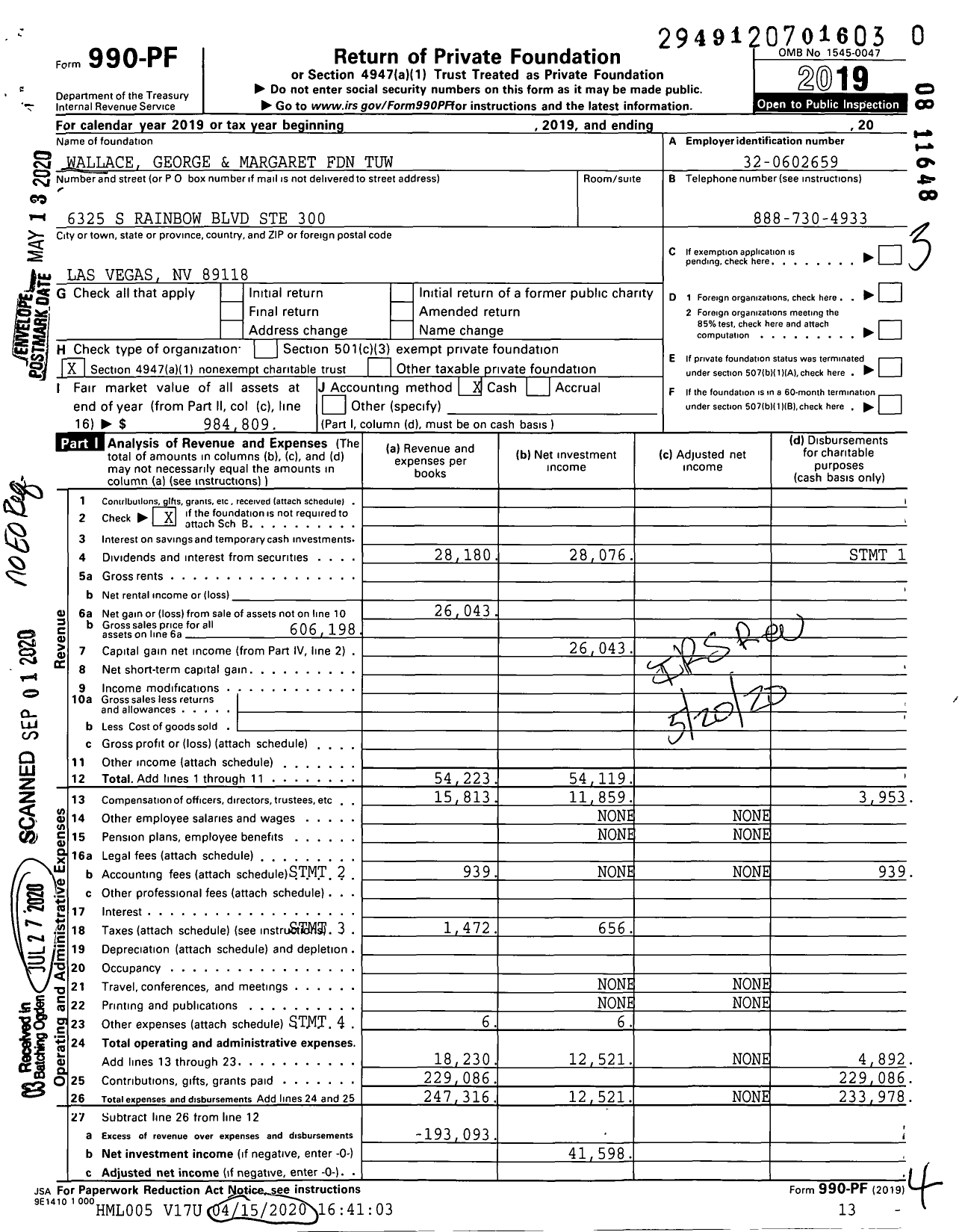 Image of first page of 2019 Form 990PR for Wallace George and Margaret Foundation Tuw