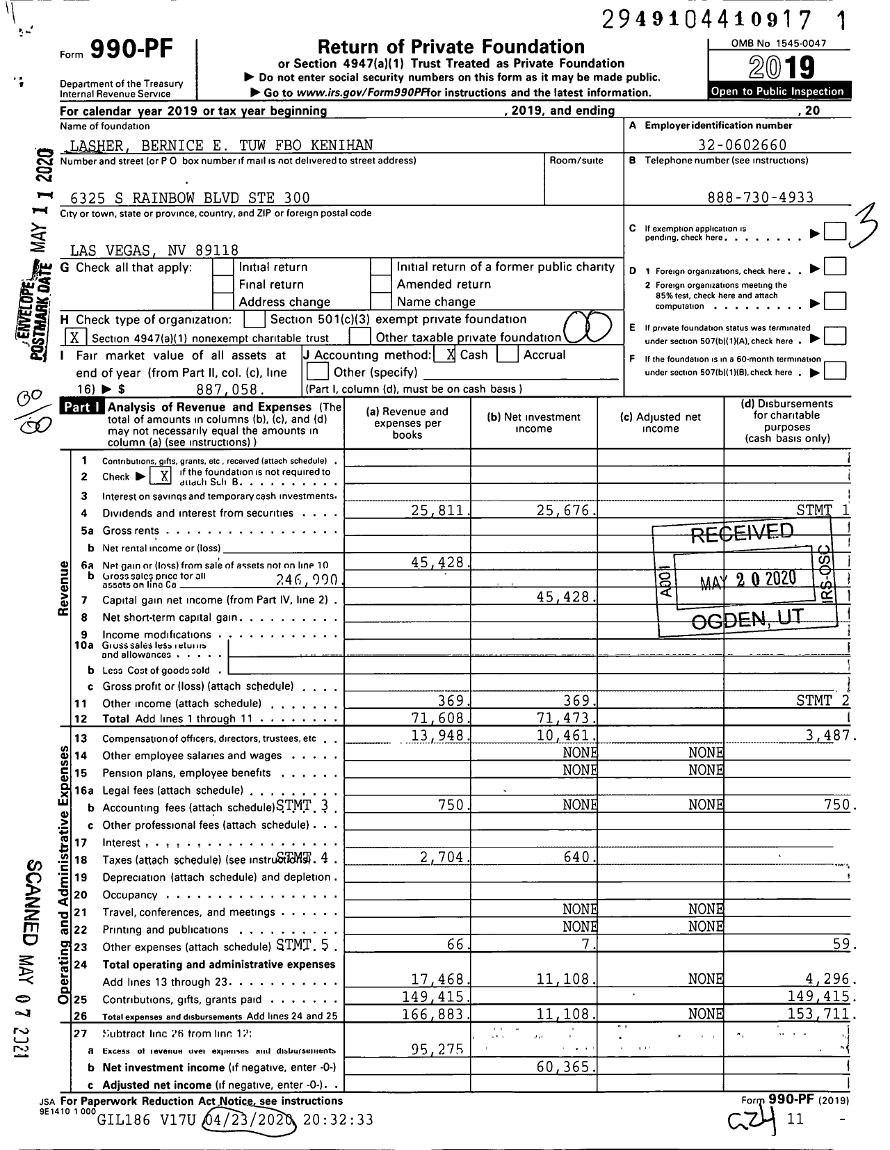 Image of first page of 2019 Form 990PF for Lasher Bernice E Foundation Tuw