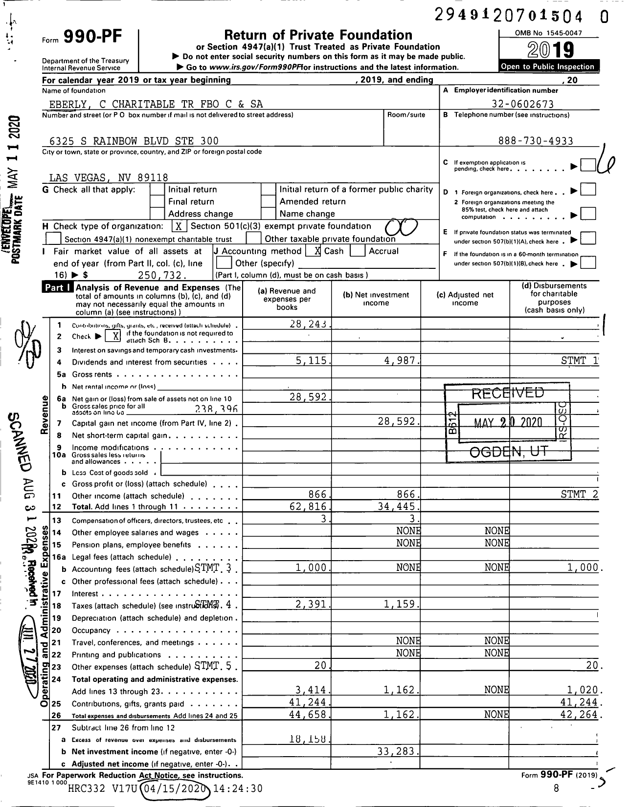 Image of first page of 2019 Form 990PR for Eberly C Charitable TR Fbo C and Sa