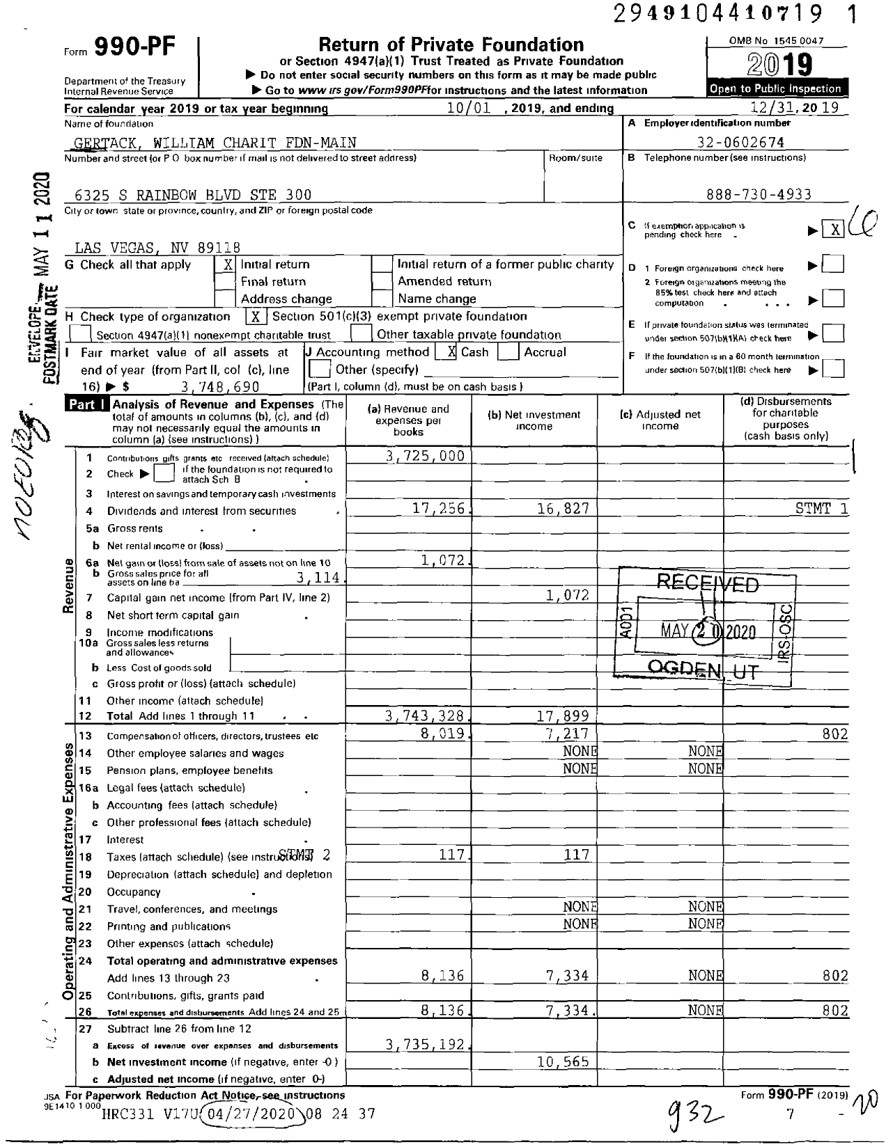 Image of first page of 2019 Form 990PF for Gertack William Charit Fdn-Main