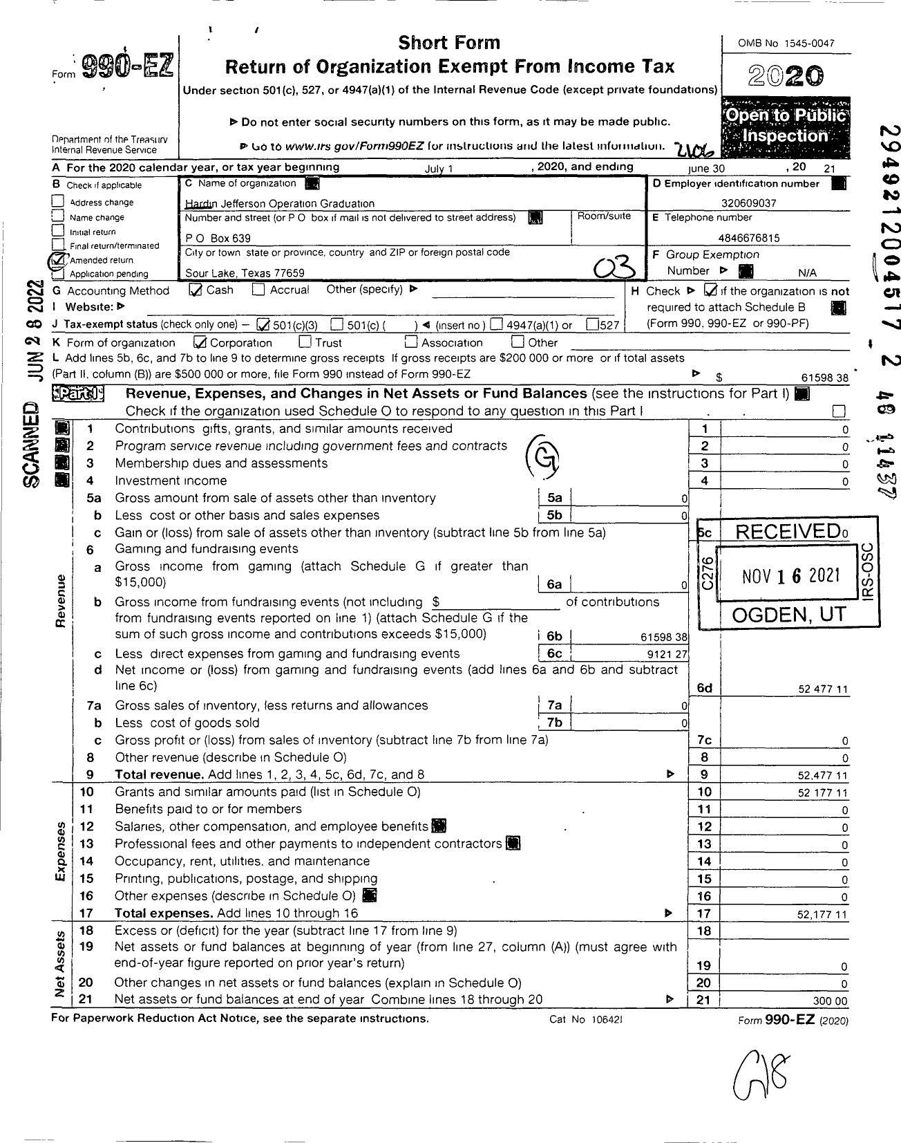 Image of first page of 2020 Form 990EZ for Hardin Jefferson HS Project Graduation