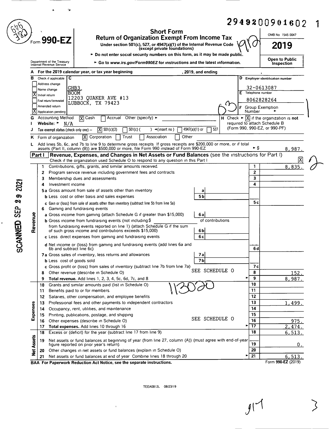 Image of first page of 2019 Form 990EZ for GHB3 Boom